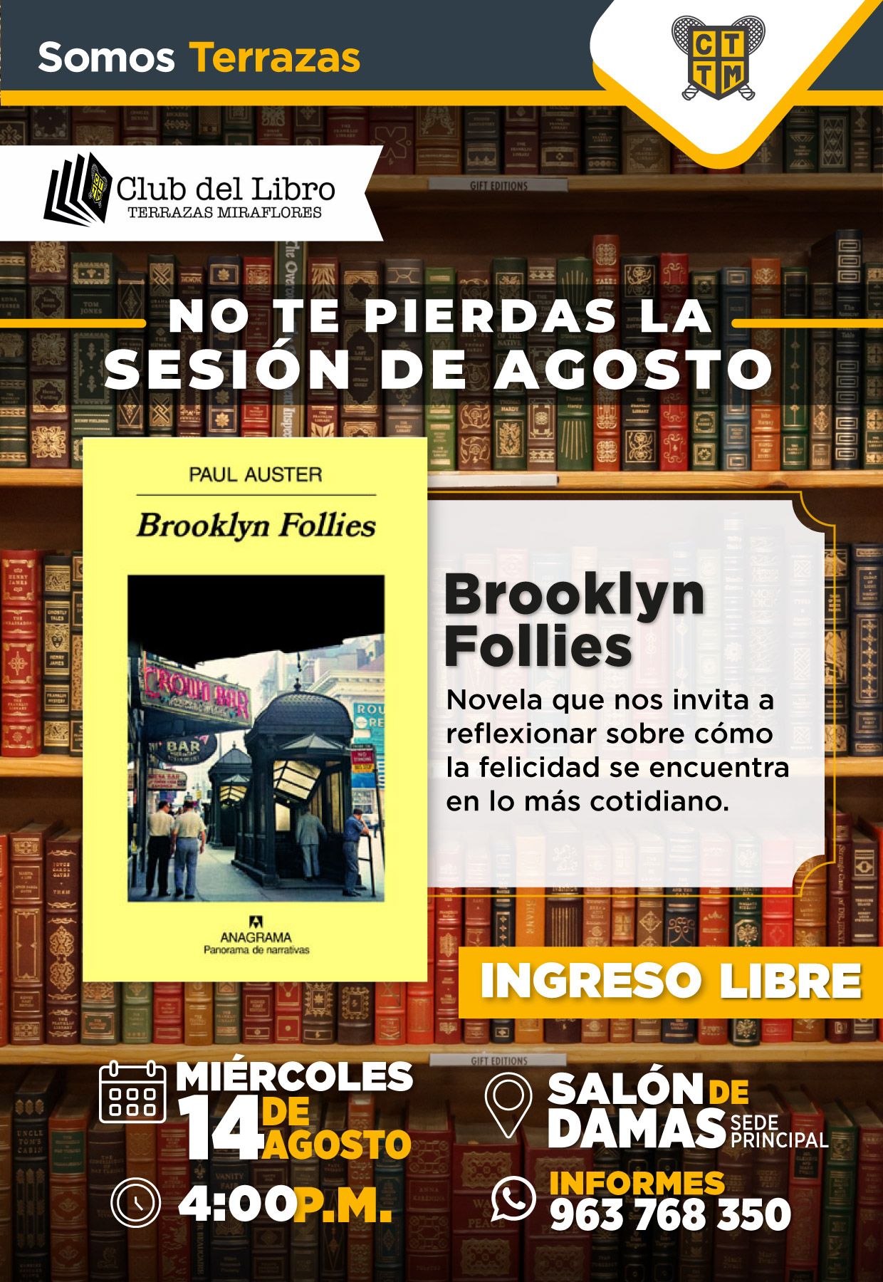 LE INVITAMOS A PARTICIPAR DE LA SESIÓN DEL CLUB DEL LIBRO DEL MES DE AGOSTO