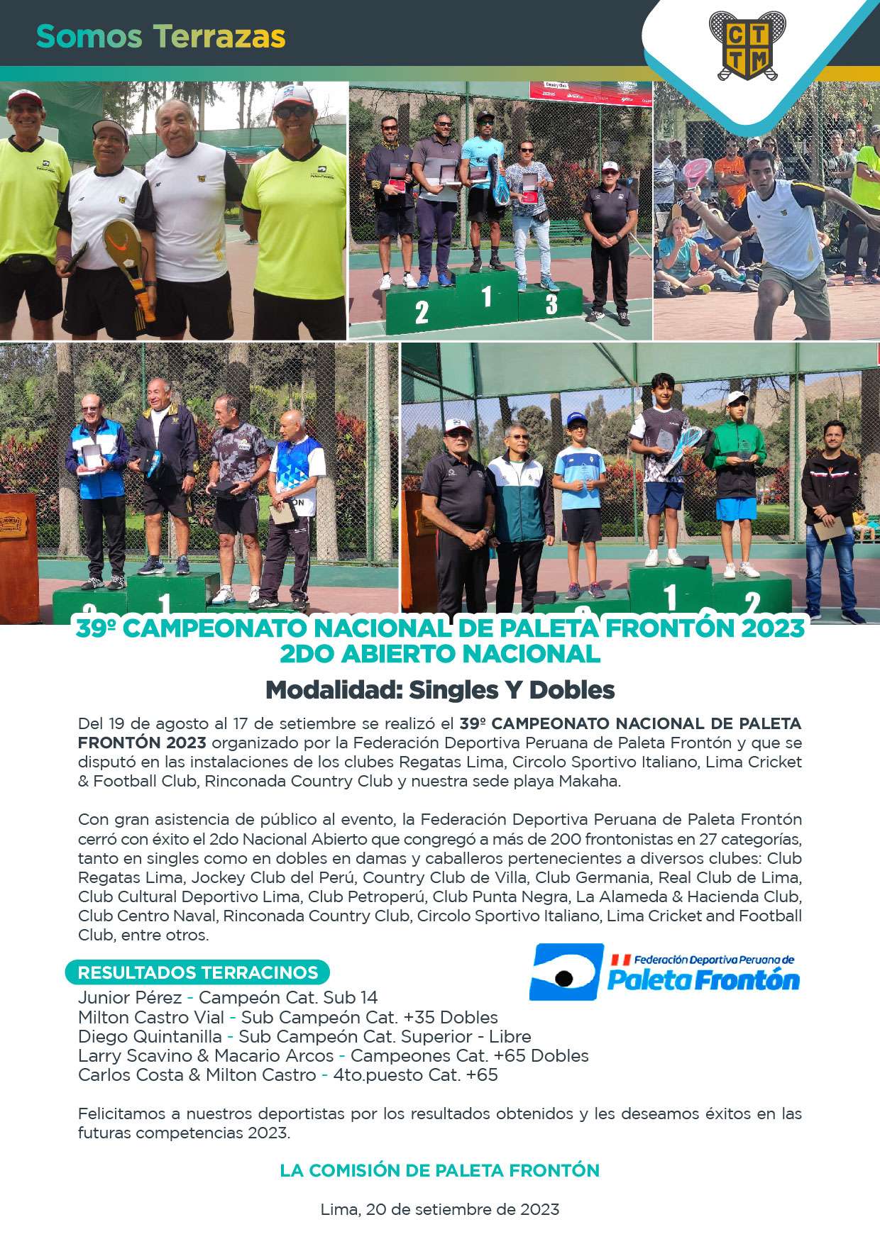 39º CAMPEONATO NACIONAL DE PALETA FRONTÓN 2023 2DO ABIERTO NACIONAL 