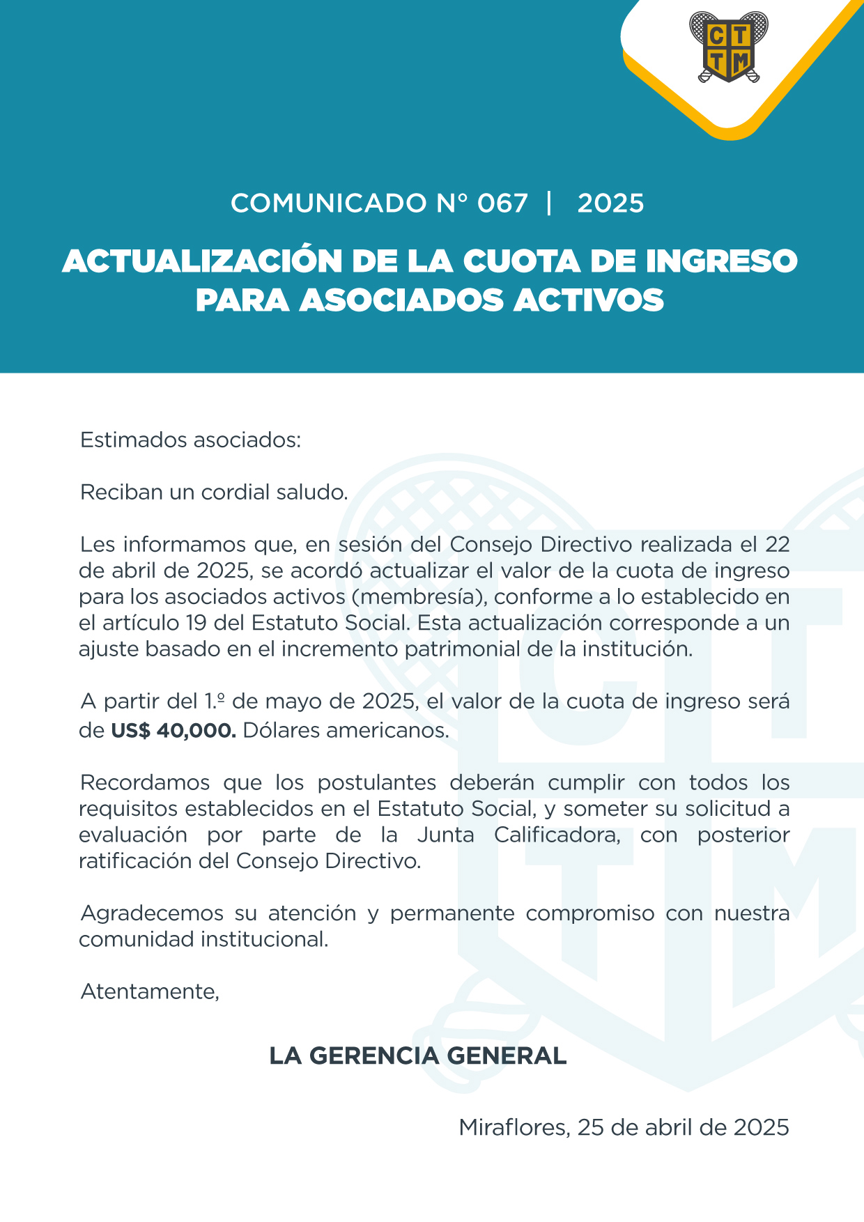 📣 COMUNICADO N° 067 | 2025: ACTUALIZACIÓN DE LA CUOTA DE INGRESO PARA ASOCIADOS ACTIVOS