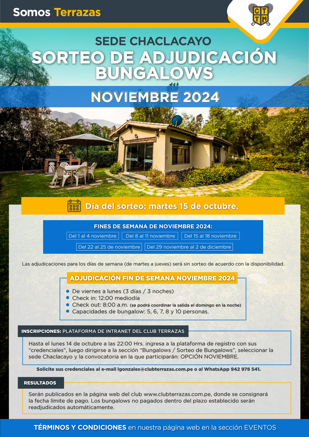 CONVOCATORIA AL SORTEO DE ADJUDICACIÓN DE BUNGALOWS MES NOVIEMBRE