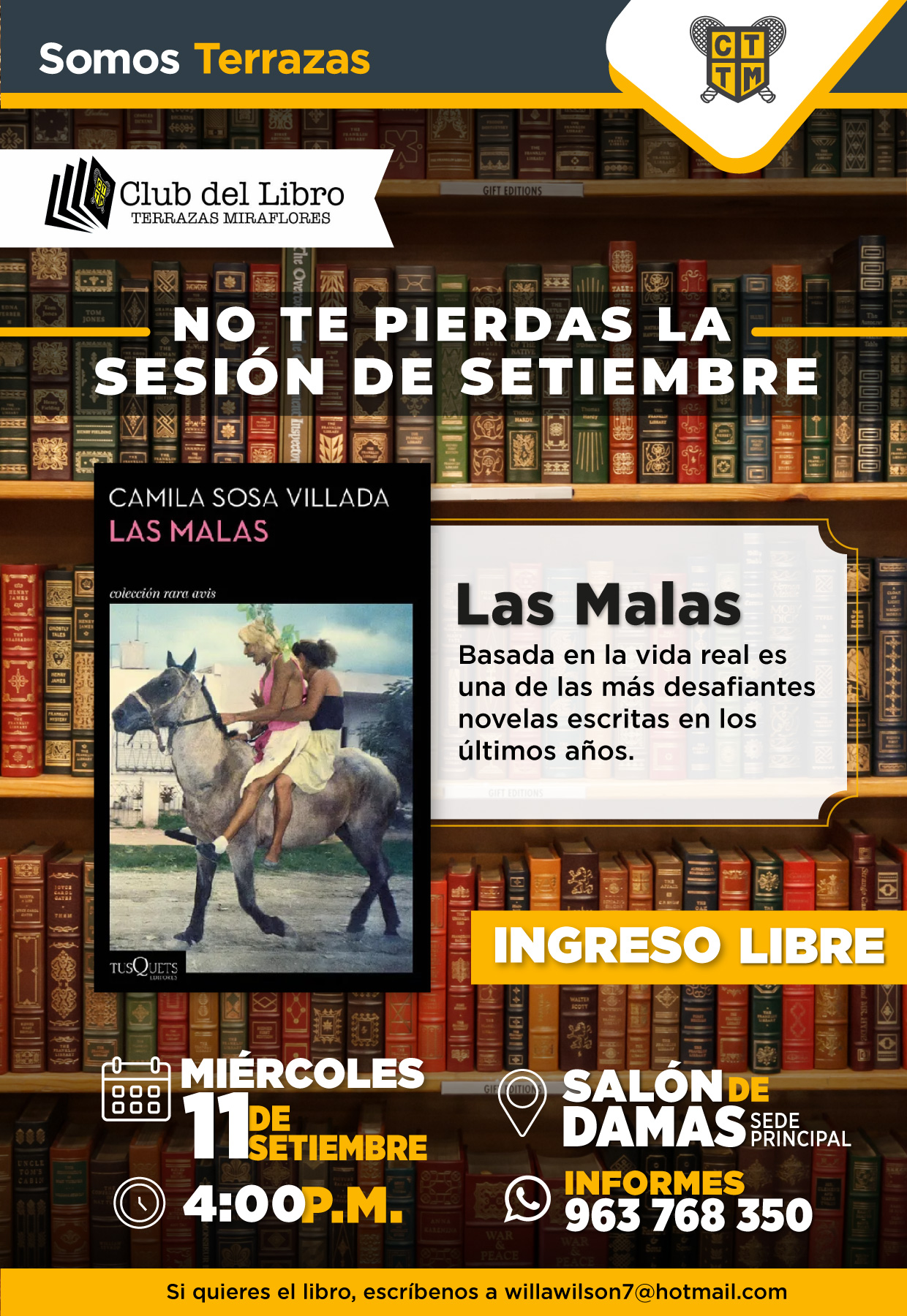 LE INVITAMOS A PARTICIPAR DE LA SESIÓN DEL CLUB DEL LIBRO DEL MES DE SETIEMBRE