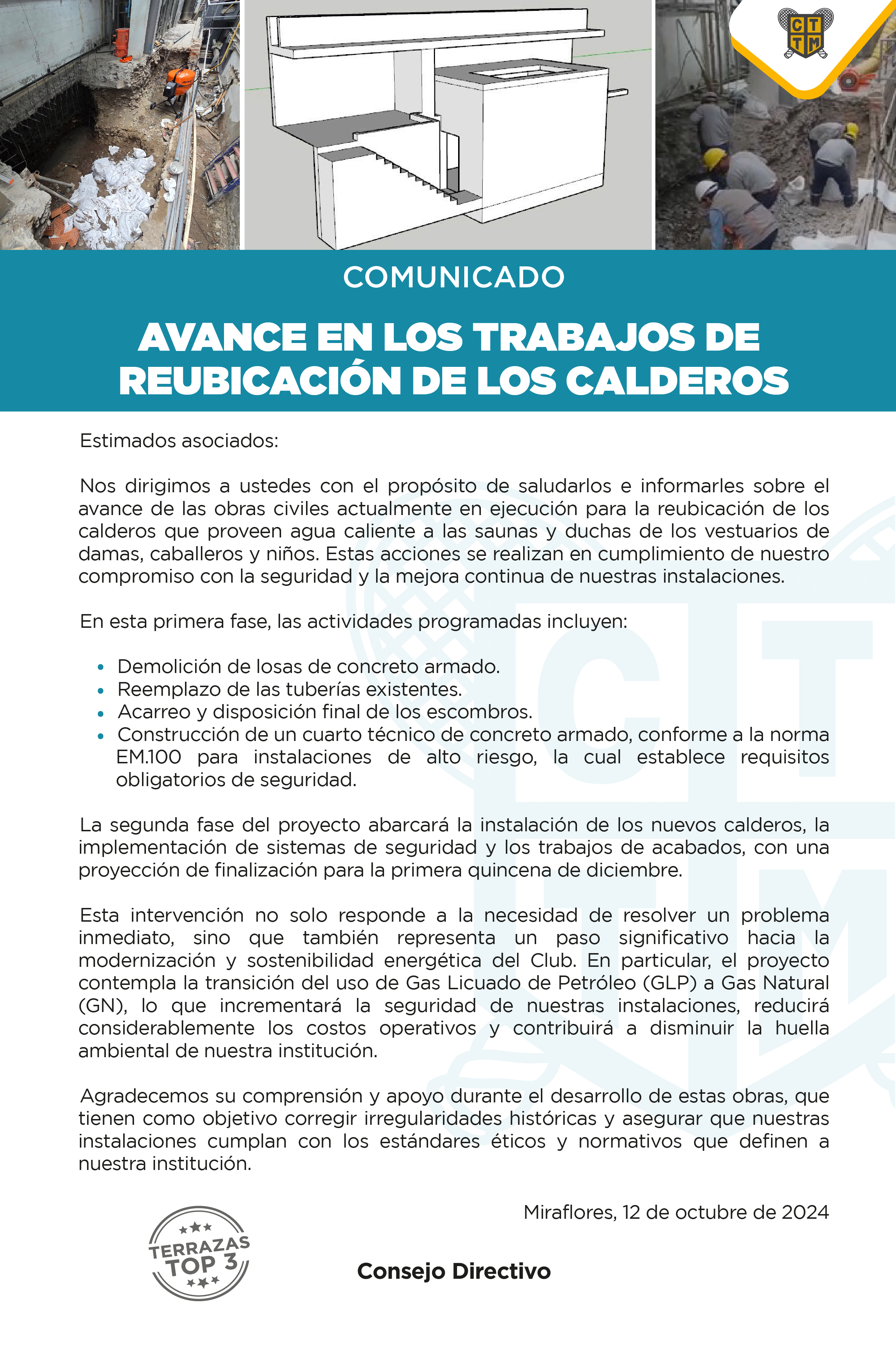  COMUNICADO: AVANCE EN LOS TRABAJOS DE REUBICACIÓN DE LOS CALDEROS