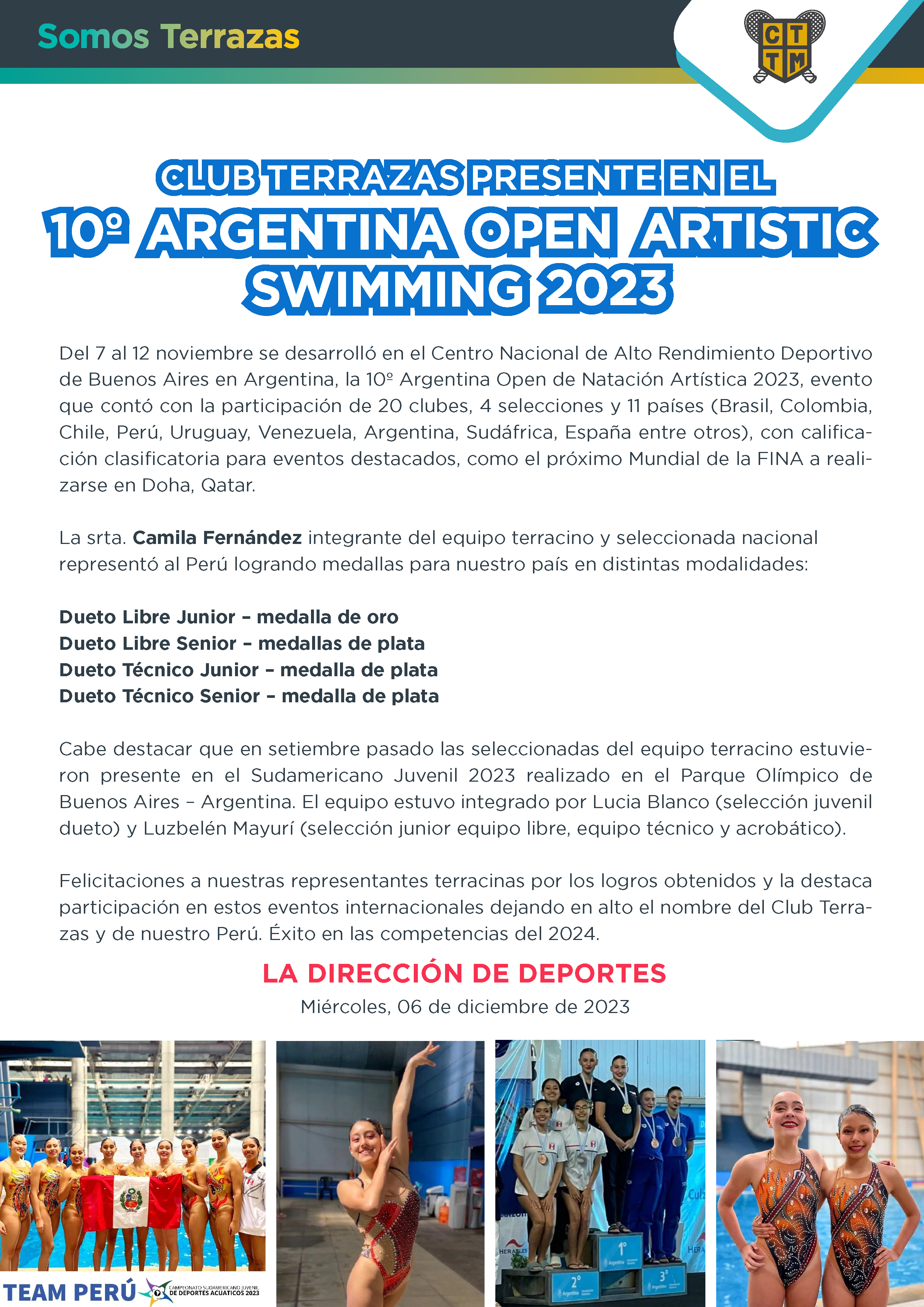 CLUB TERRAZAS PRESENTE EN EL 10º ARGENTINA OPEN ARTISTIC SWIMMING 2023