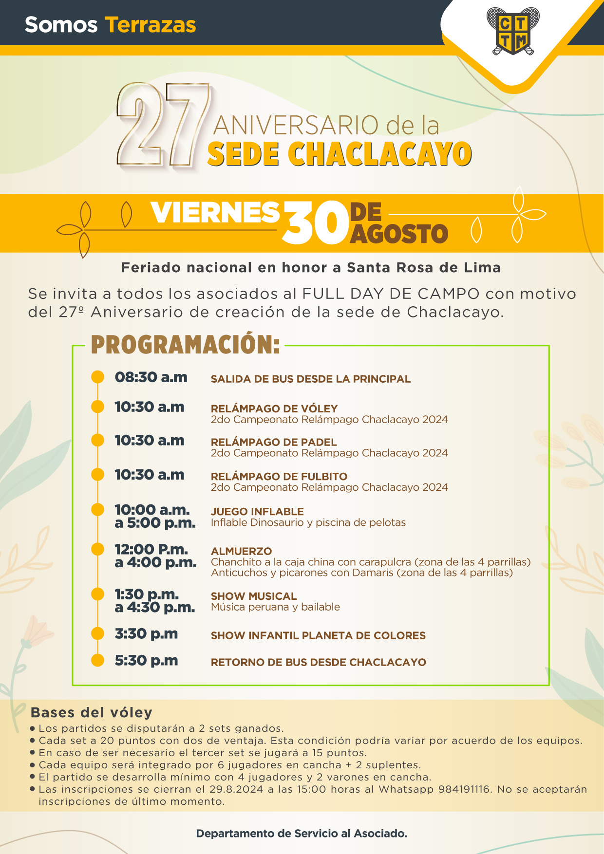 PROGRAMACIÓN: 27º ANIVERSARIO DE LA  SEDE CHACLACAYO 
