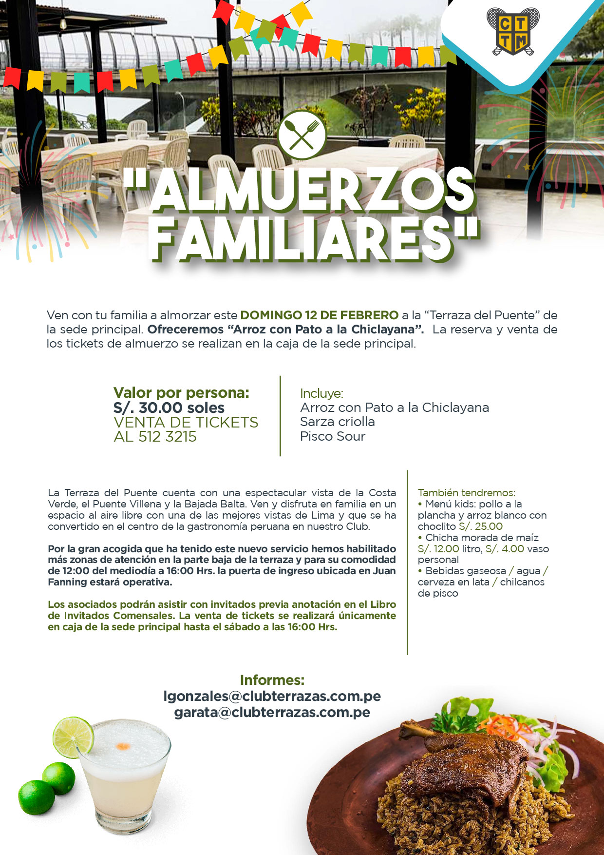 ESTE DOMINGO 12 DE FEBRERO OLVÍDATE DE LA COCINA Y VEN A ALMORZAR AL CLUB TERRAZAS