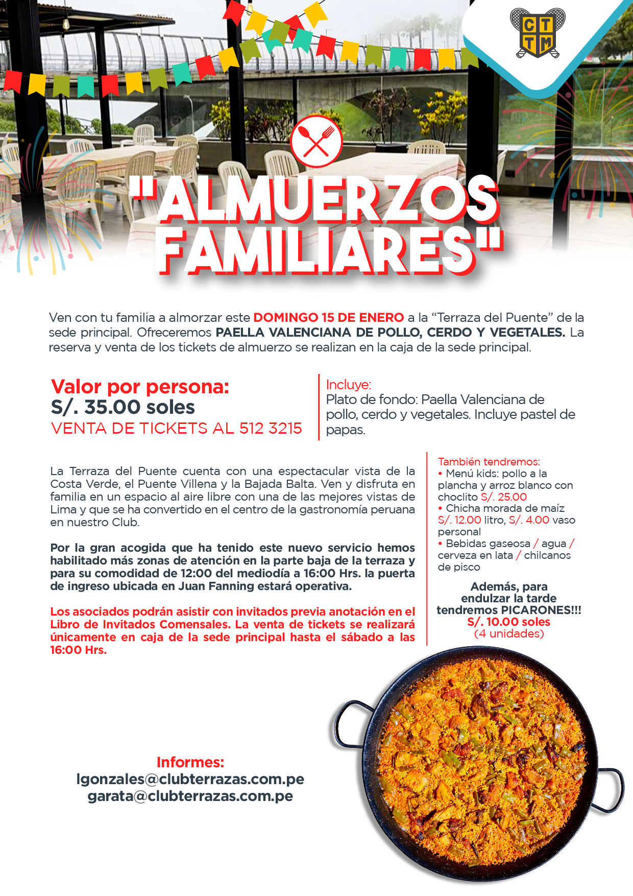 ESTE DOMINGO 15 DE ENERO OLVIDATE DE LA COCINA Y VEN A ALMORZAR AL CLUB TERRAZAS