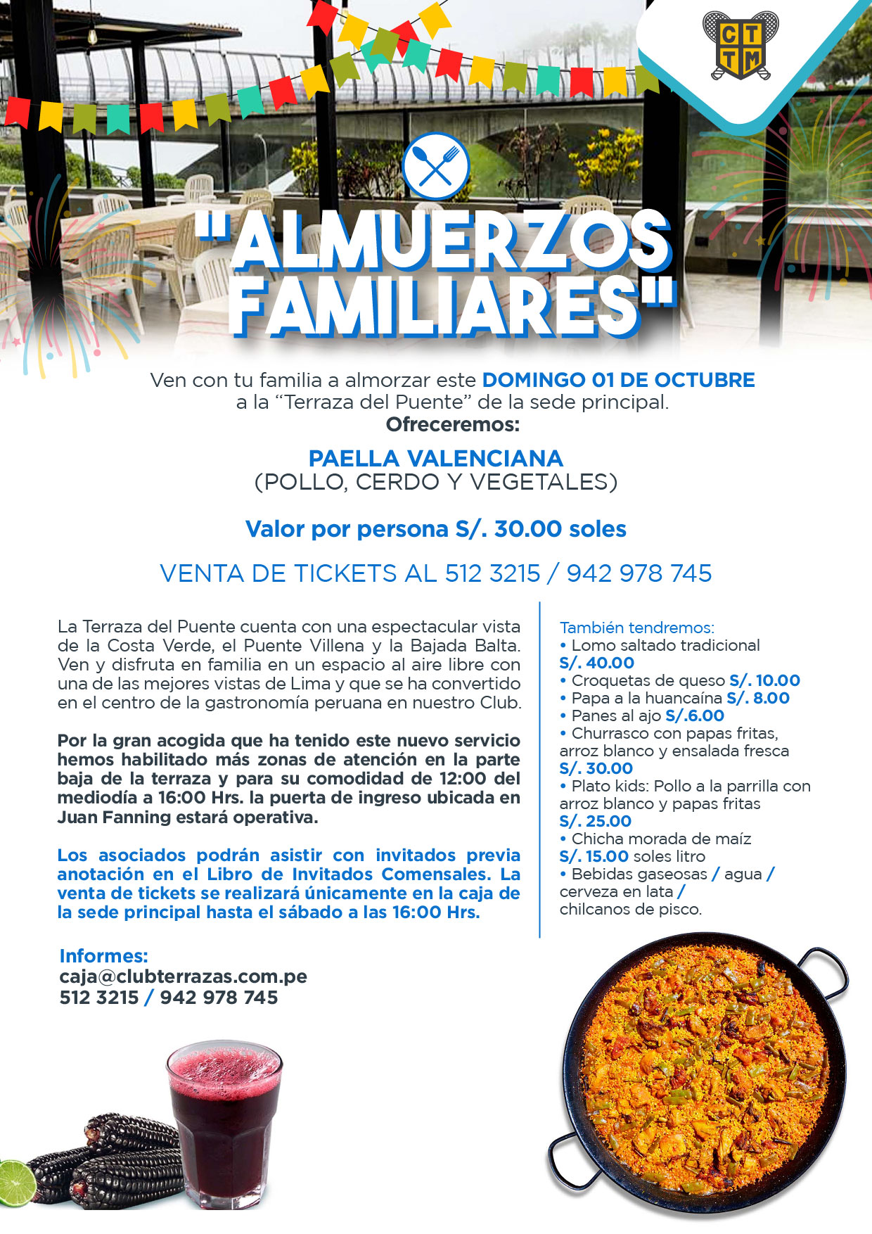 ESTE DOMINGO 1º DE OCTUBRE VEN A ALMORZAR AL CLUB TERRAZAS