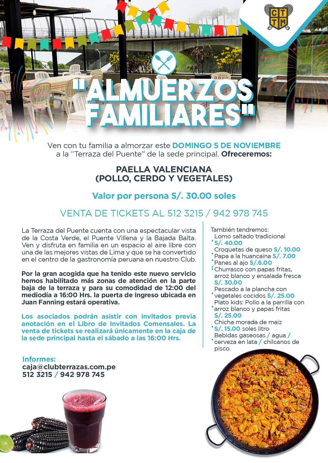 ESTE DOMINGO 5 DE NOVIEMBRE VEN A ALMORZAR AL CLUB TERRAZAS