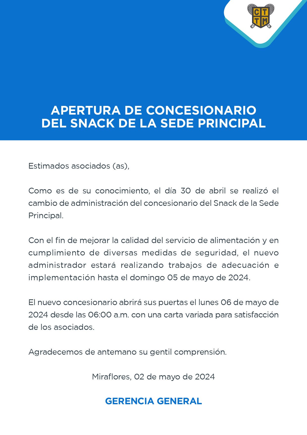 APERTURA DE CONCESIONARIO DEL SNACK DE LA SEDE PRINCIPAL