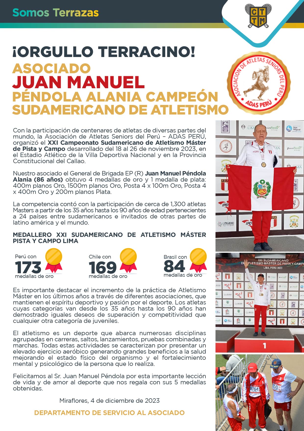 ¡ORGULLO TERRACINO! ASOCIADO JUAN MANUEL PÉNDOLA ALANIA CAMPEÓN SUDAMERICANO DE ATLETISMO