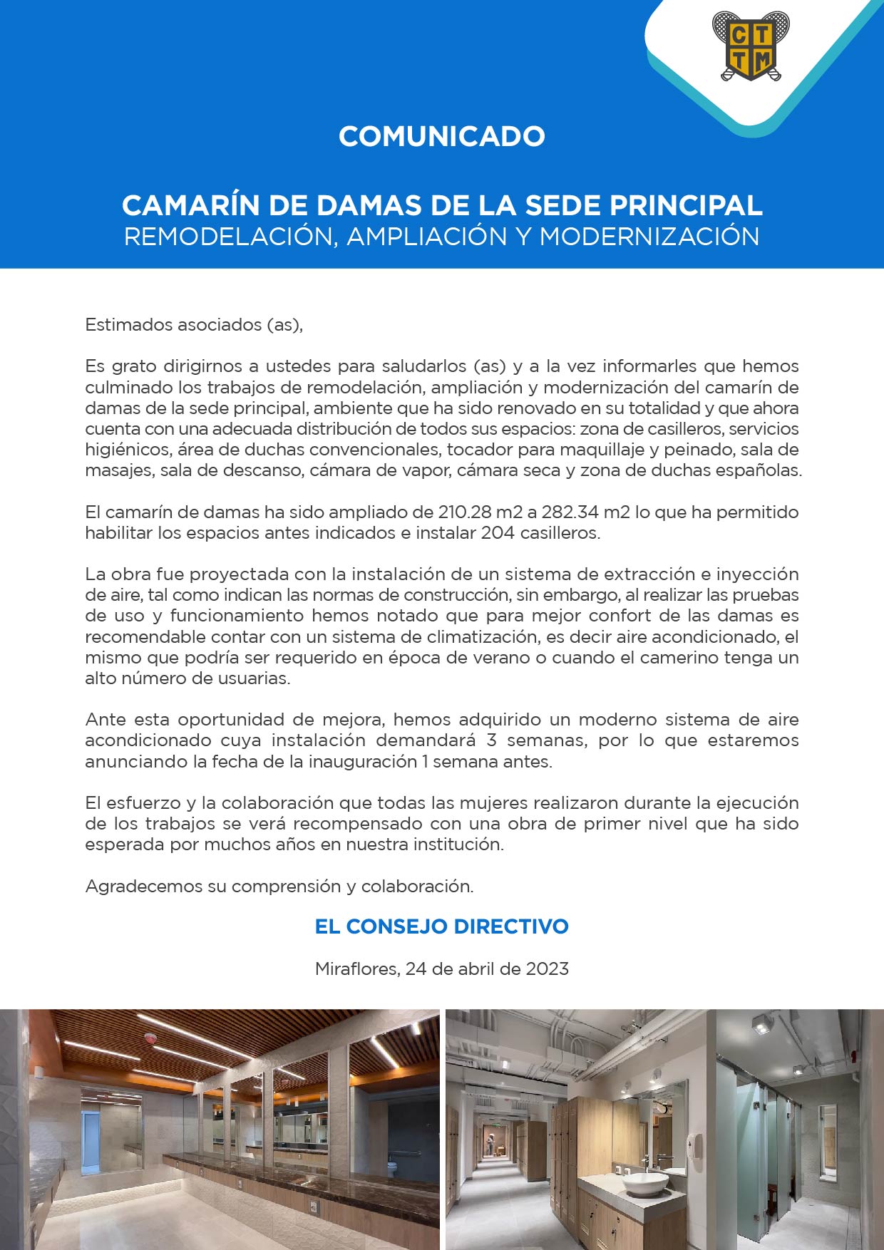 COMUNICADO SOBRE TRABAJOS DE REMODELACIÓN, AMPLIACIÓN Y MODERNIZACIÓN DEL CAMARÍN DE DAMAS