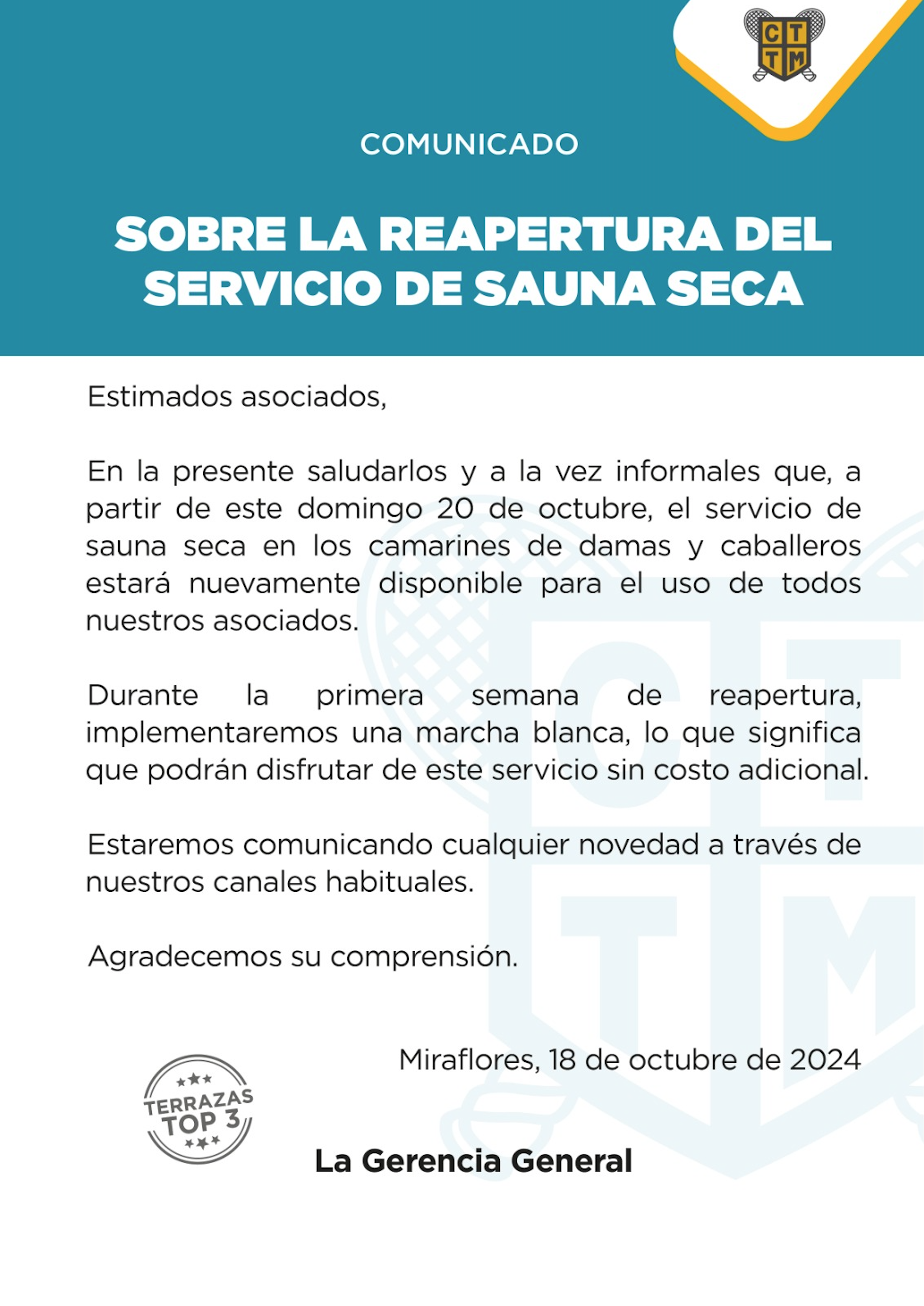 COMUNICADO SOBRE LA REAPERTURA DEL SERVICIO DE SAUNA SECA