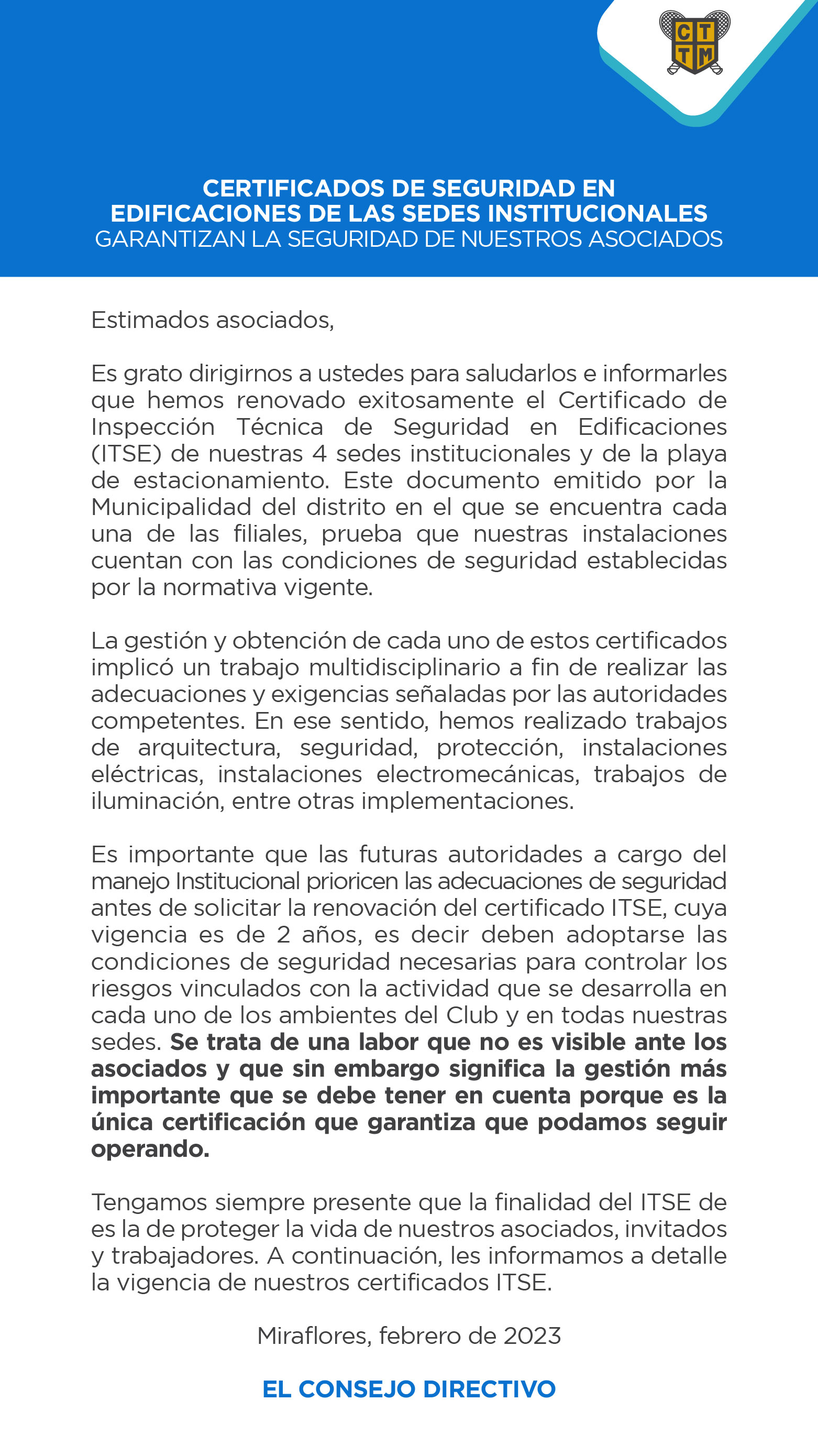 CERTIFICADOS DE SEGURIDAD EN EDIFICACIONES DE LAS SEDES INSTITUCIONALES GARANTIZAN LA SEGURIDAD DE NUESTROS ASOCIADOS 