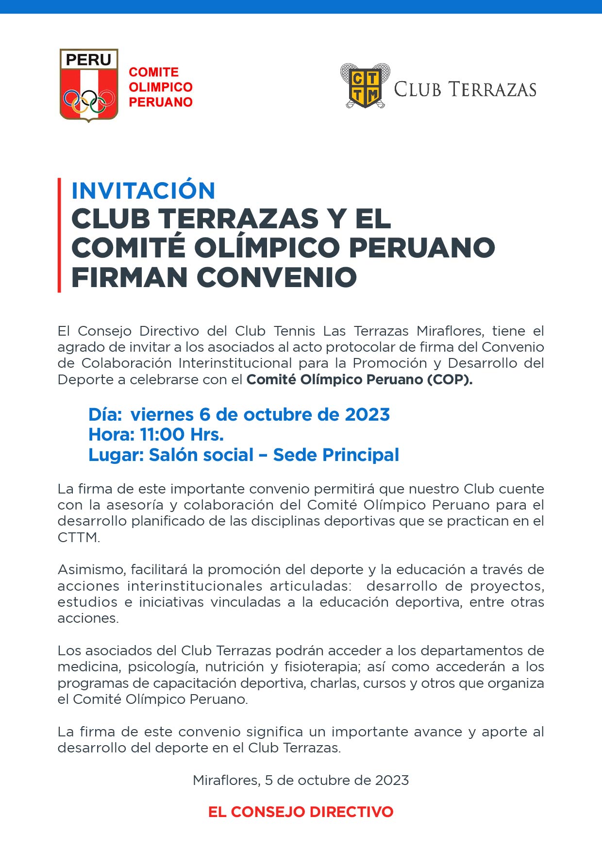 CLUB TERRAZAS Y EL COMITÉ OLÍMPICO PERUANO FIRMAN CONVENIO