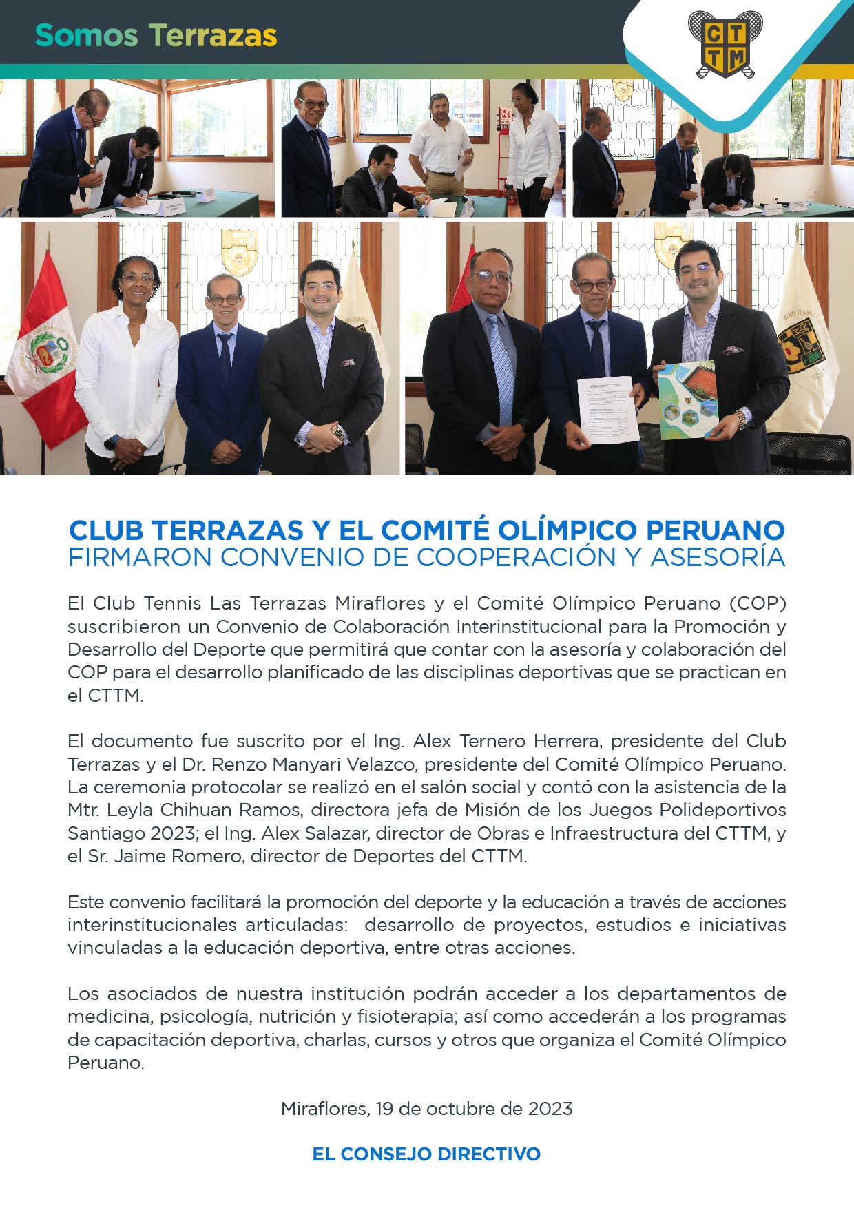 CLUB TERRAZAS Y EL COMITÉ OLÍMPICO PERUANO FIRMARON CONVENIO DE COOPERACIÓN Y ASESORÍA