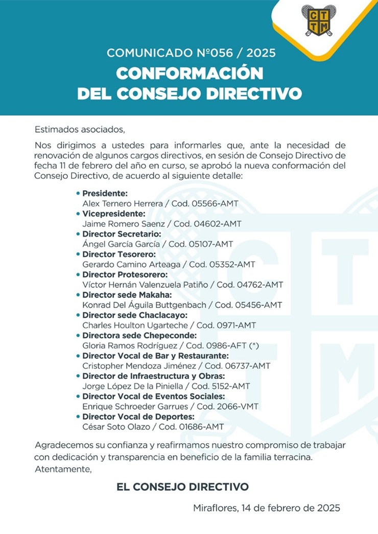 📣COMUNICADO N°056 | 2025: CONFORMACIÓN DEL CONSEJO DIRECTIVO