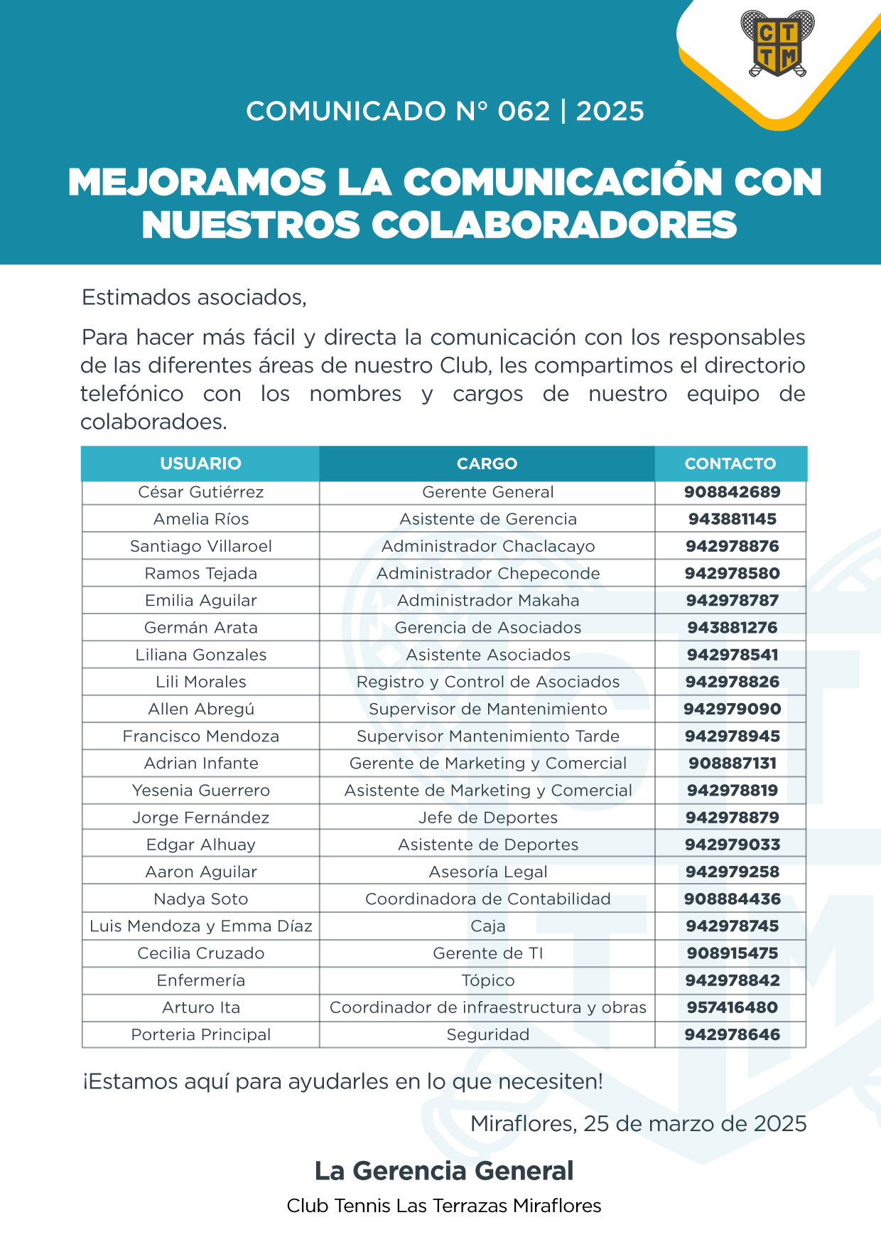 📣COMUNICADO N°062 | 2025: MEJORAMOS LA COMUNICACIÓN CON NUESTROS COLABORADORES 