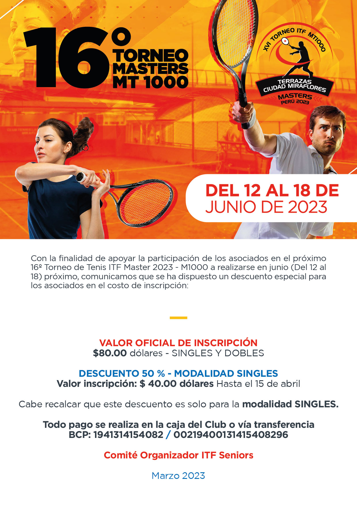 COMUNICADO: 16º TORNEO DE TENIS ITF MÁSTER 2023 - M1000