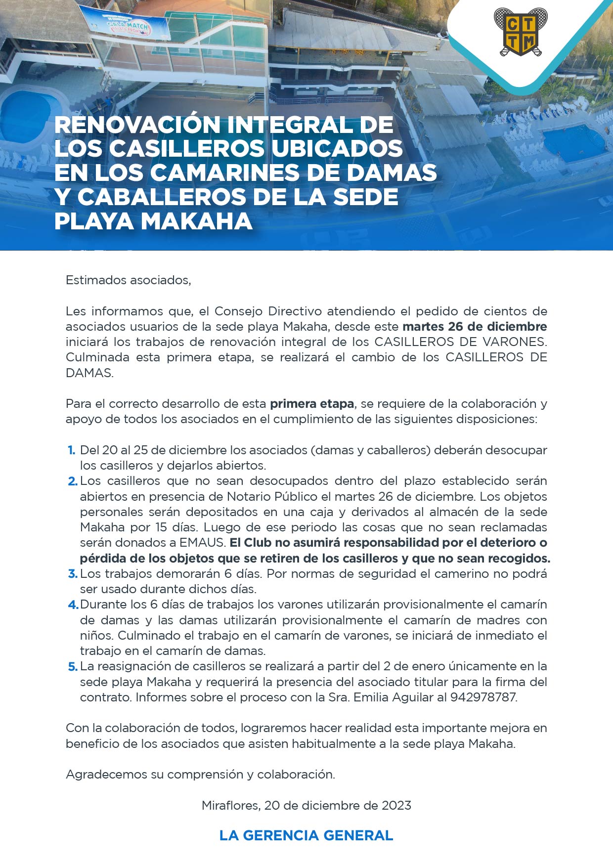 RENOVACIÓN INTEGRAL DE LOS CASILLEROS UBICADOS EN LOS CAMARINES DE DAMAS Y CABALLEROS DE LA SEDE PLAYA MAKAHA 