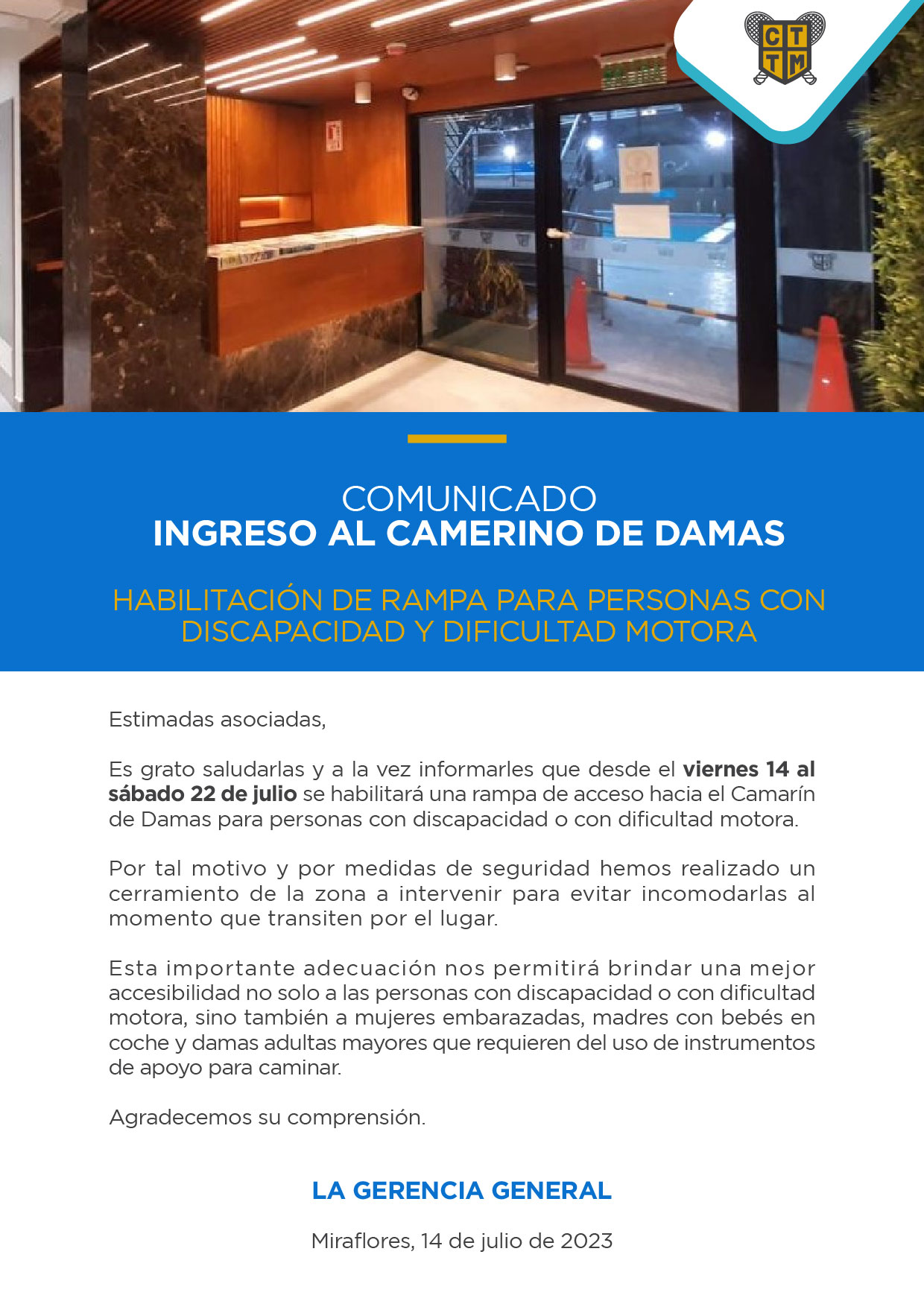 COMUNICADO: INGRESO AL CAMERINO DE DAMAS-HABILITACIÓN DE RAMPA PARA PERSONAS CON DISCAPACIDAD Y DIFICULTAD MOTORA