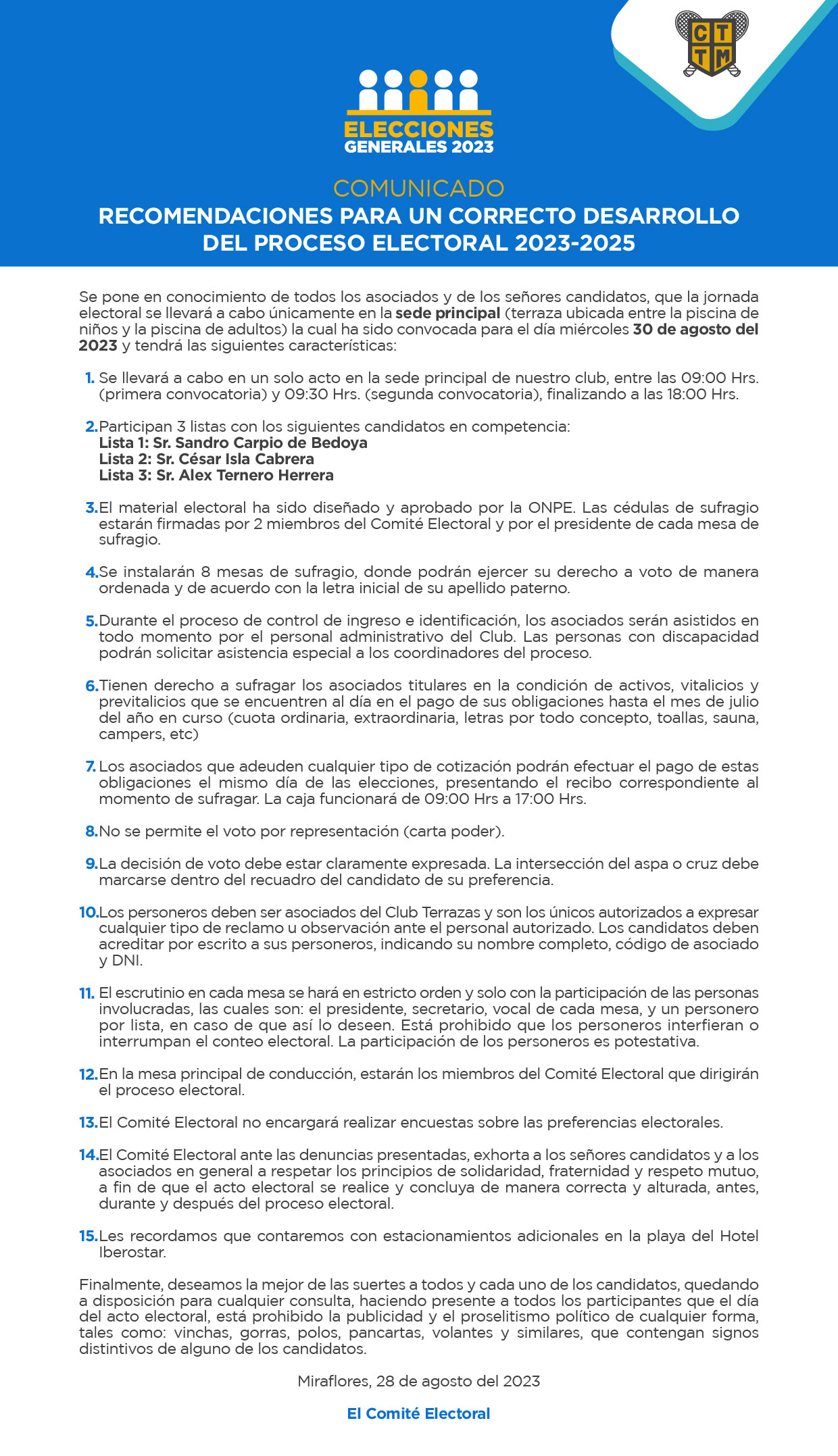 COMUNICADO: RECOMENDACIONES PARA UN CORRECTO DESARROLLO DEL PROCESO ELECTORAL 2023-2025
