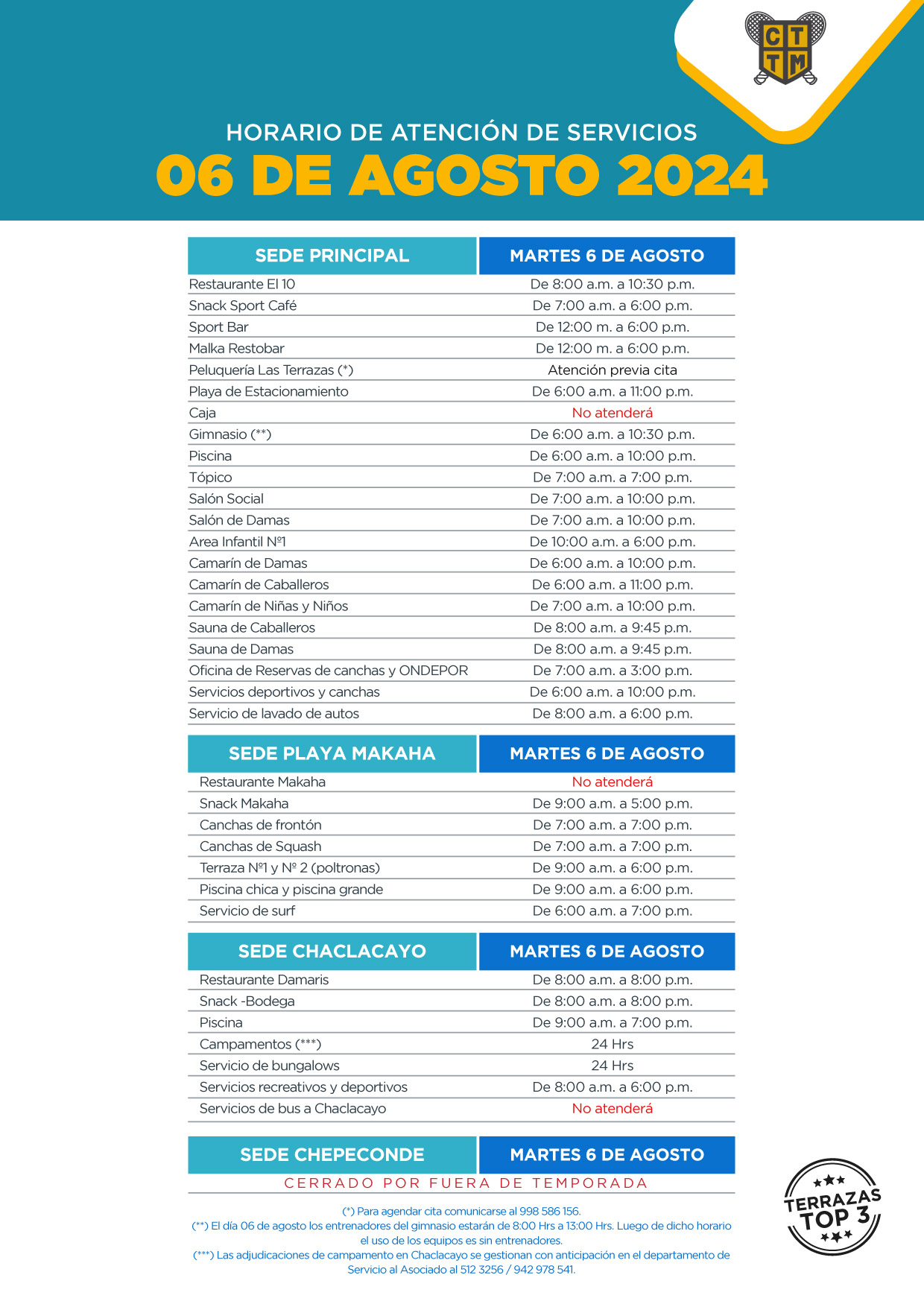 HORARIO DE ATENCIÓN DE SERVICIOS - MARTES 06 DE AGOSTO 