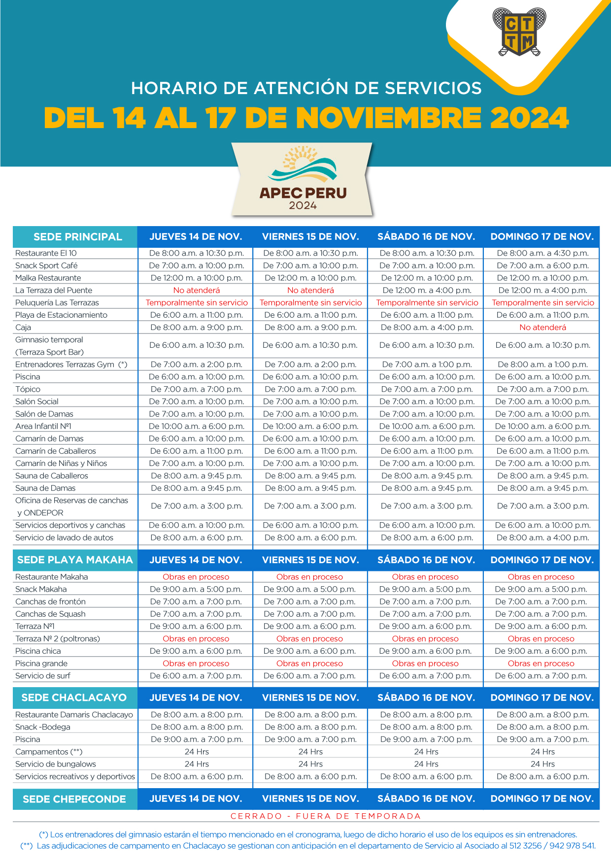 HORARIO DE ATENCIÓN DEL 14 AL 17 DE NOVIEMBRE