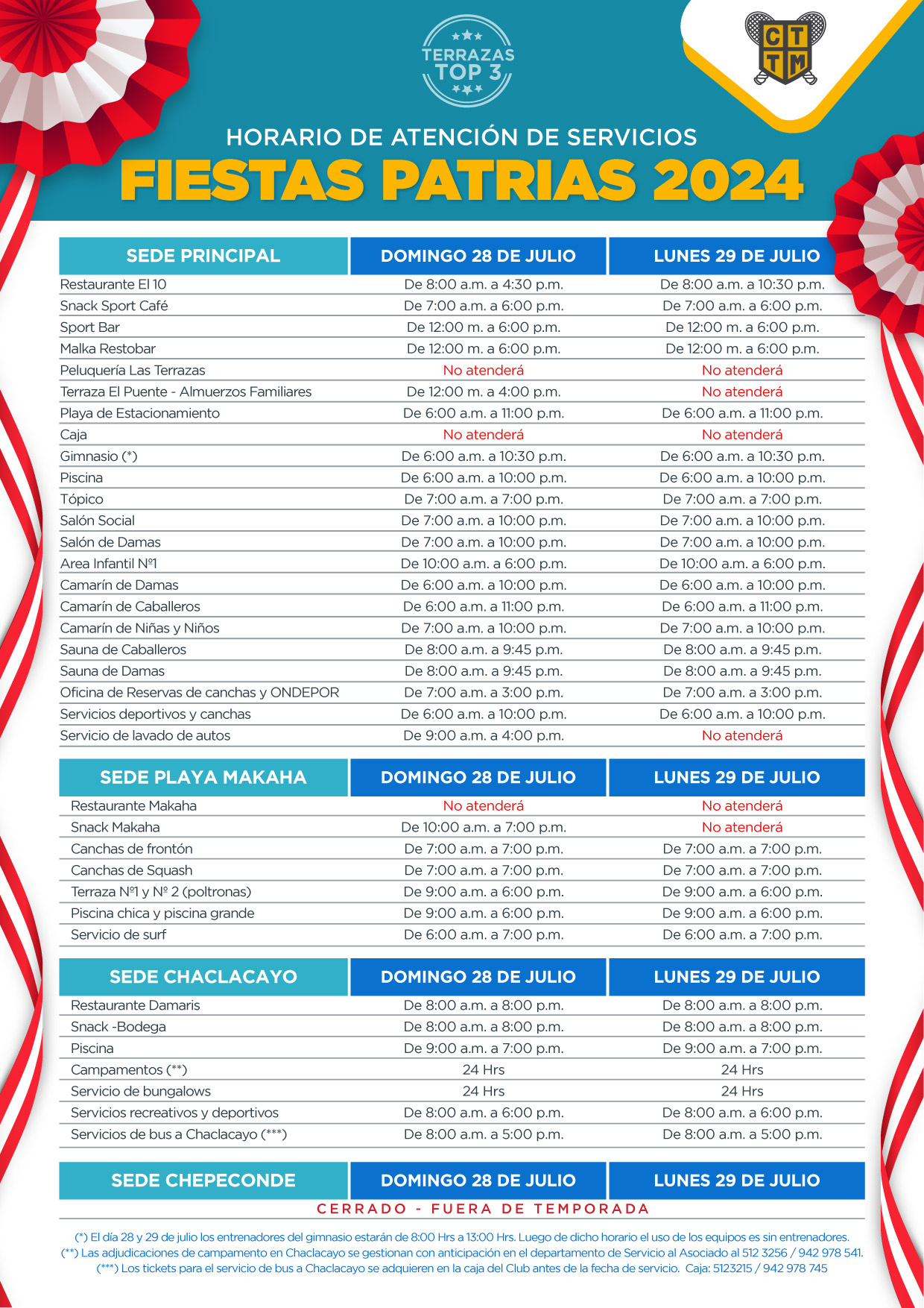 HORARIO DE ATENCIÓN DE SERVICIOS - FIESTAS PATRIAS 2024