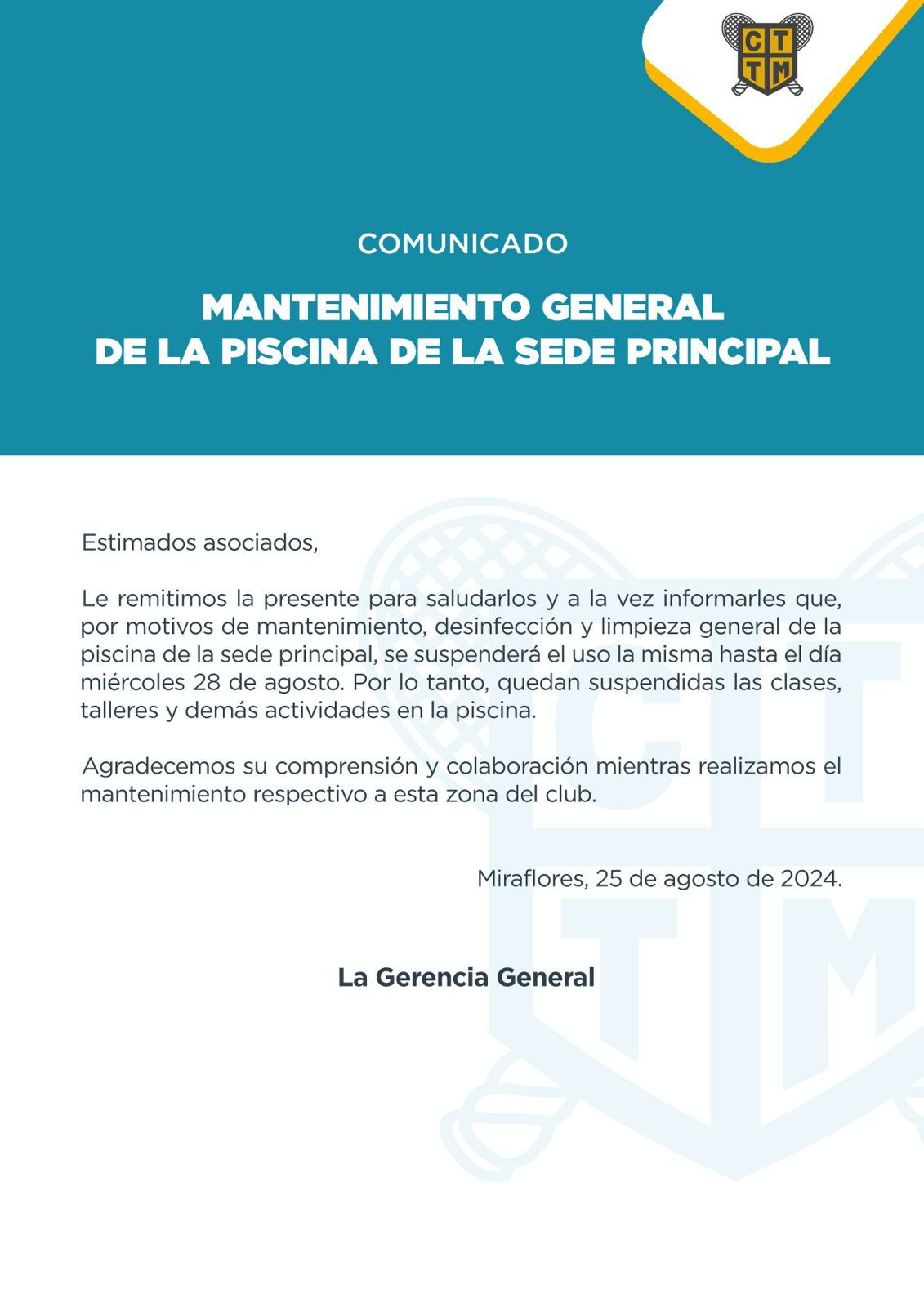 MANTENIMIENTO GENERAL DE LA PISCINA DE LA SEDE PRINCIPAL 