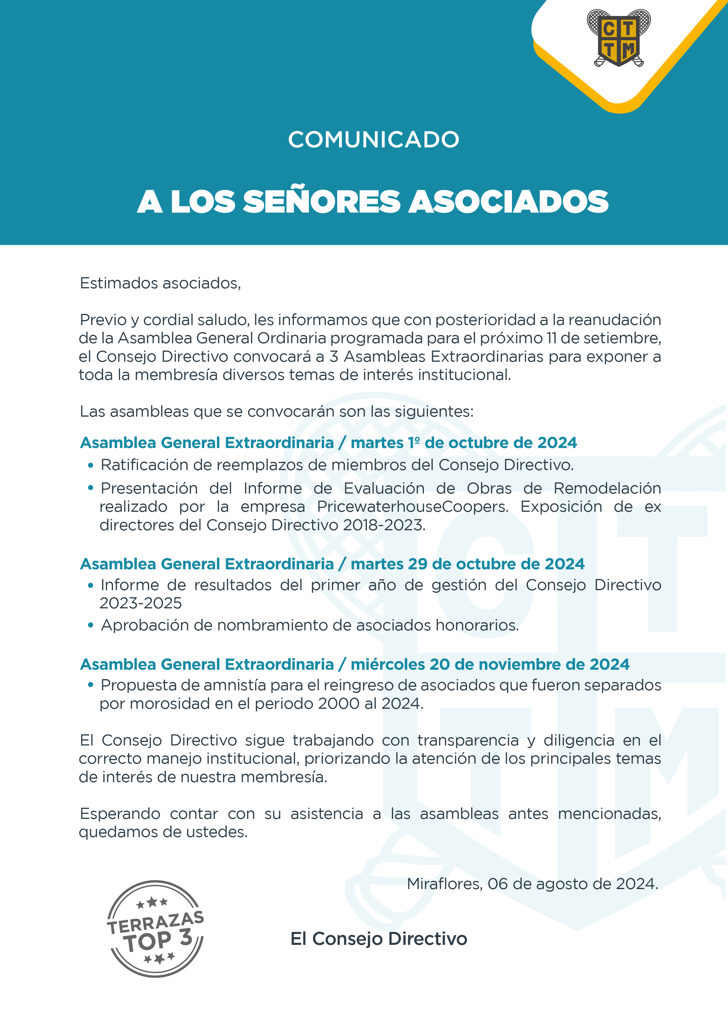 COMUNICADO A LOS SEÑORES ASOCIADOS