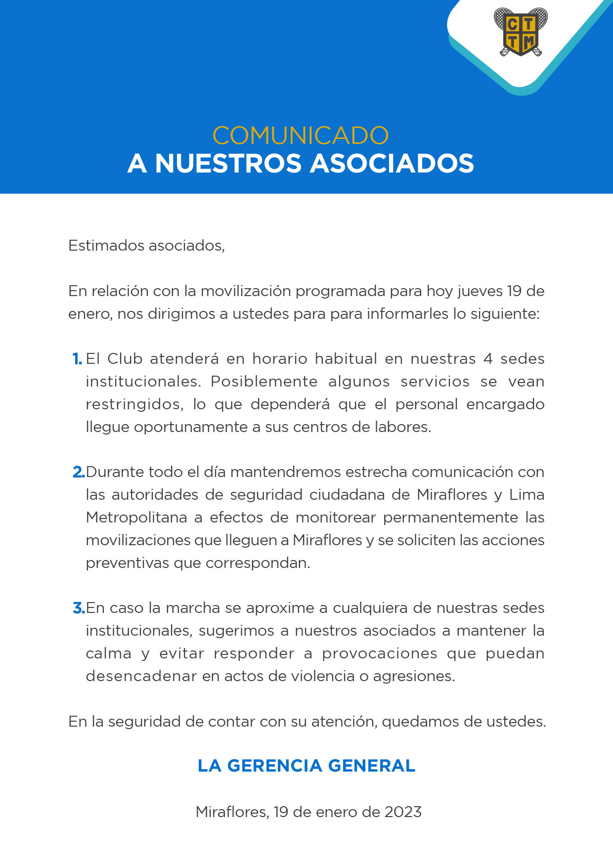 COMUNICADO A NUESTROS ASOCIADOS