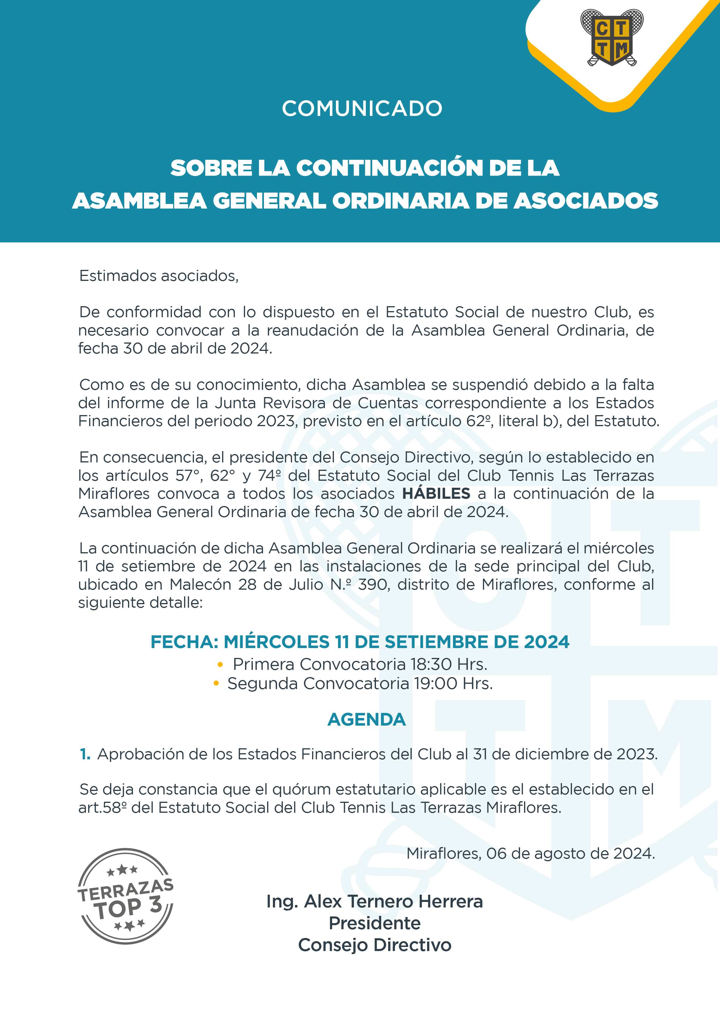 COMUNICADO SOBRE LA CONTINUACIÓN DE LA  ASAMBLEA GENERAL ORDINARIA DE ASOCIADOS