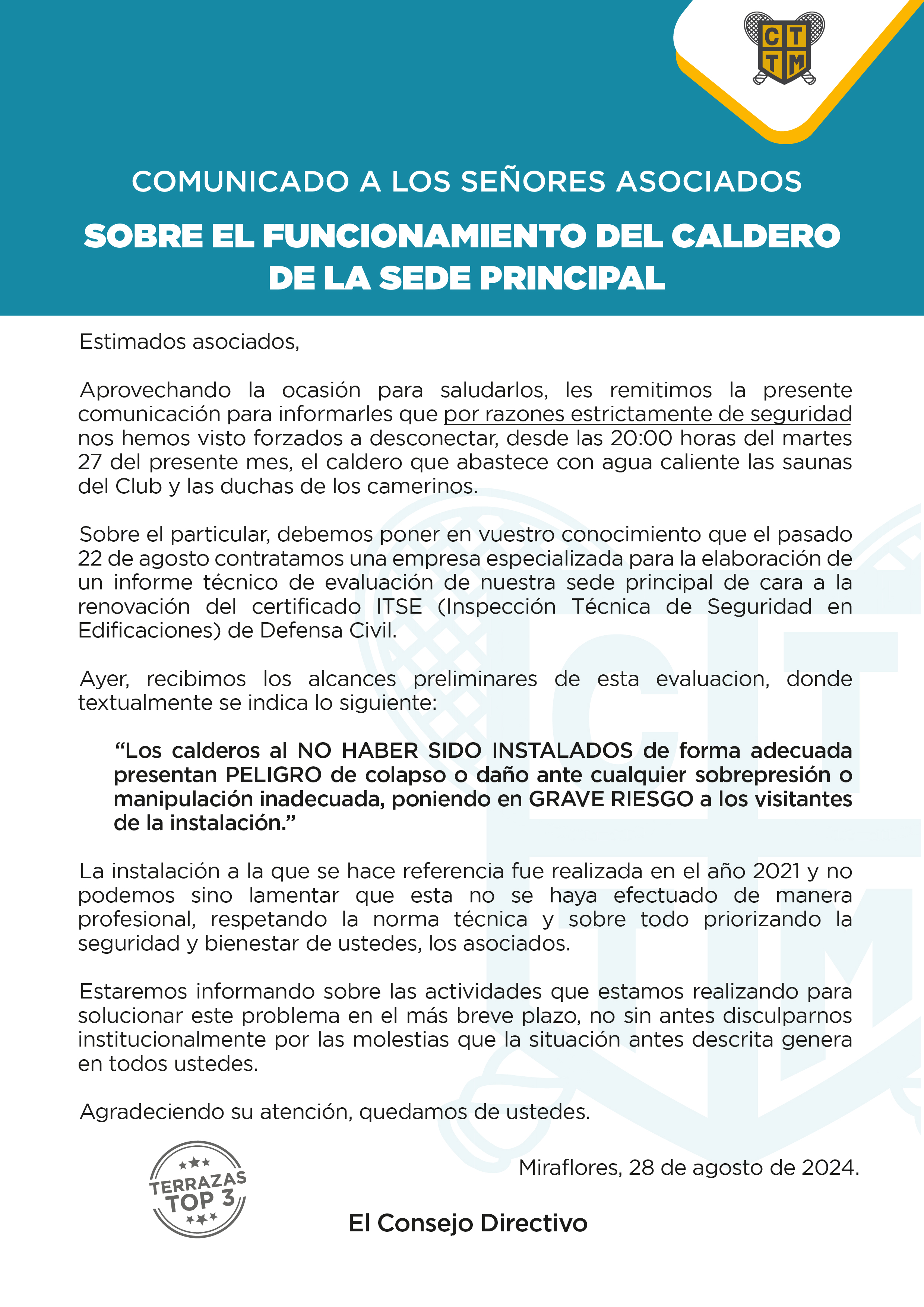COMUNICADO A LOS SEÑORES ASOCIADOS SOBRE EL FUNCIONAMIENTO DEL CALDERO DE LA SEDE PRINCIPAL