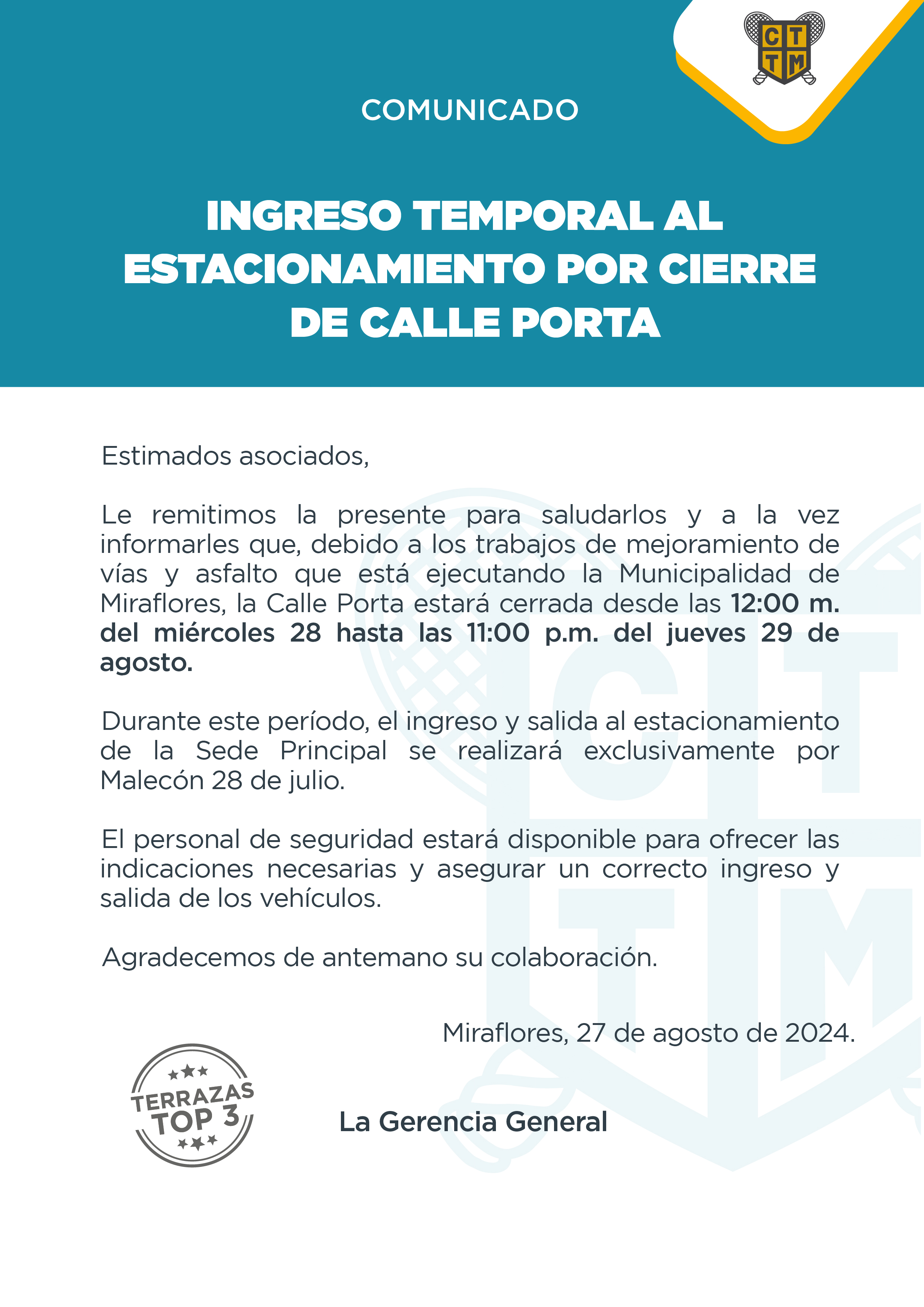 COMUNICADO: INGRESO TEMPORAL AL  ESTACIONAMIENTO POR CIERRE  DE CALLE PORTA