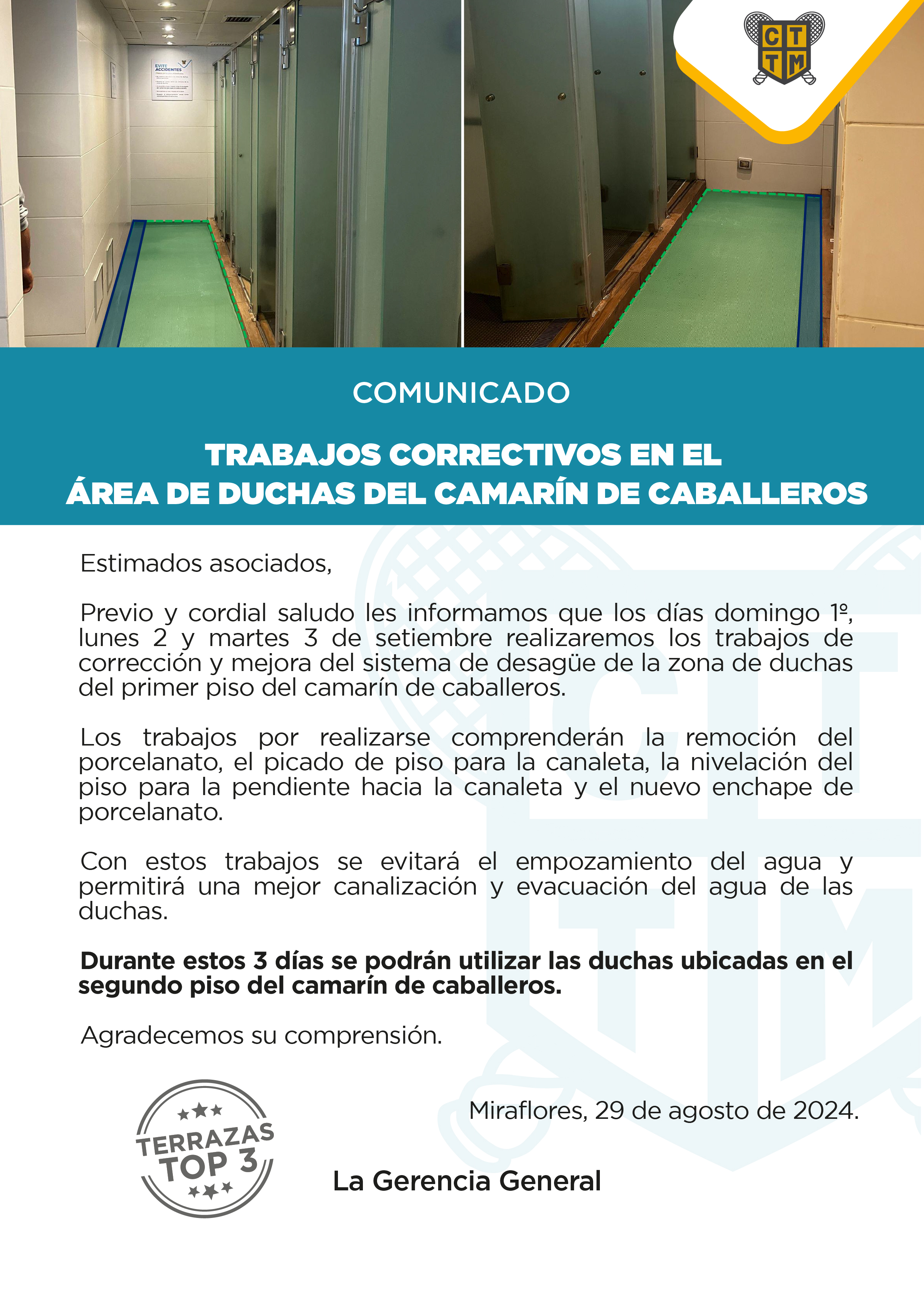 COMUNICADO TRABAJOS CORRECTIVOS EN EL ÁREA DE DUCHAS  DEL CAMARÍN DE CABALLEROS