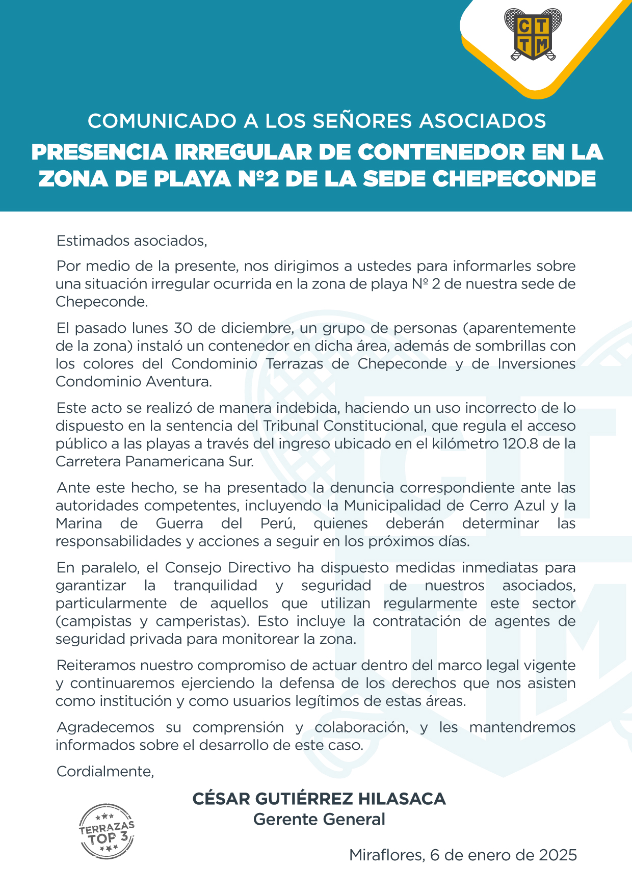 COMUNICADO A LOS SEÑORES ASOCIADOS: PRESENCIA IRREGULAR DE CONTENEDOR 🚢 EN LA ZONA DE PLAYA Nº2 🏖️ DE LA SEDE CHEPECONDE 📢
