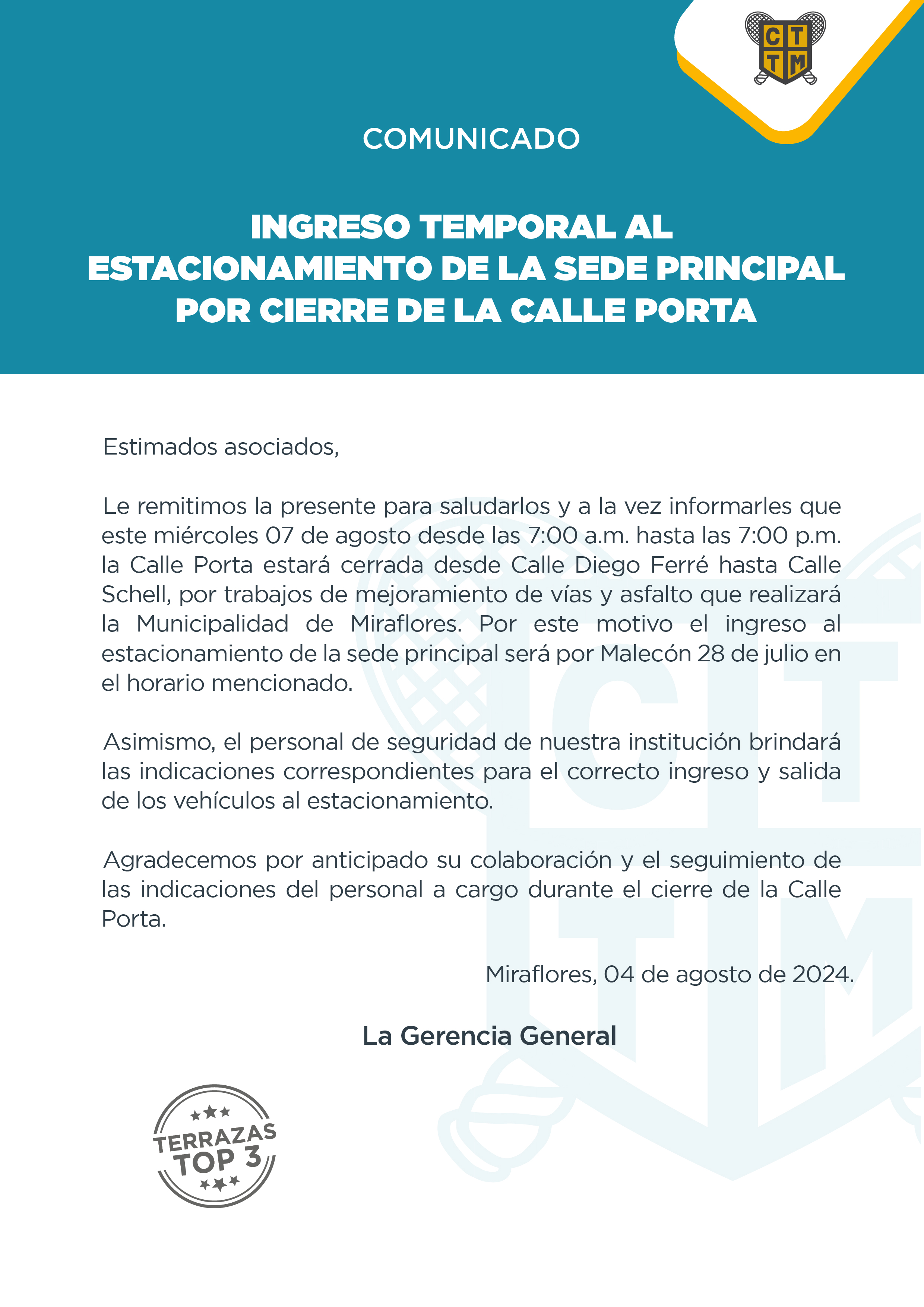 INGRESO TEMPORAL AL ESTACIONAMIENTO DE LA SEDE PRINCIPAL POR CIERRE DE LA CALLE PORTA 