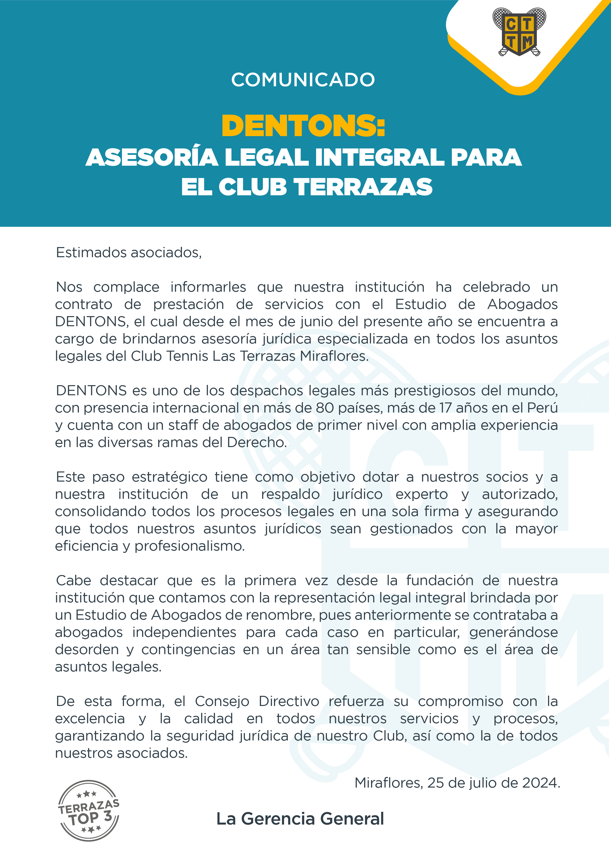DENTONS: ASESORÍA LEGAL INTEGRAL PARA EL CLUB TERRAZAS  