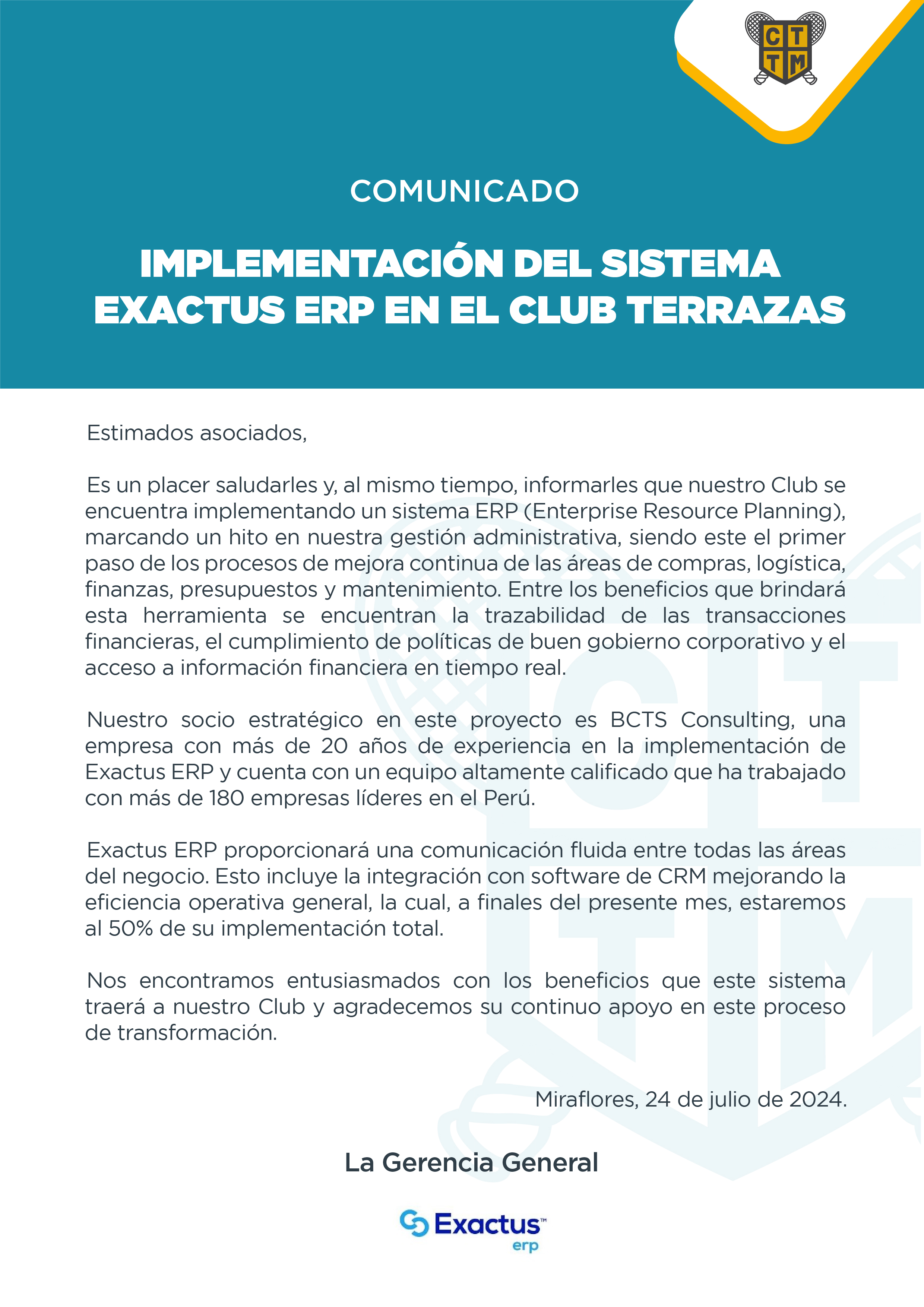 IMPLEMENTACIÓN DEL SISTEMA EXACTUS ERP EN EL CLUB TERRAZAS