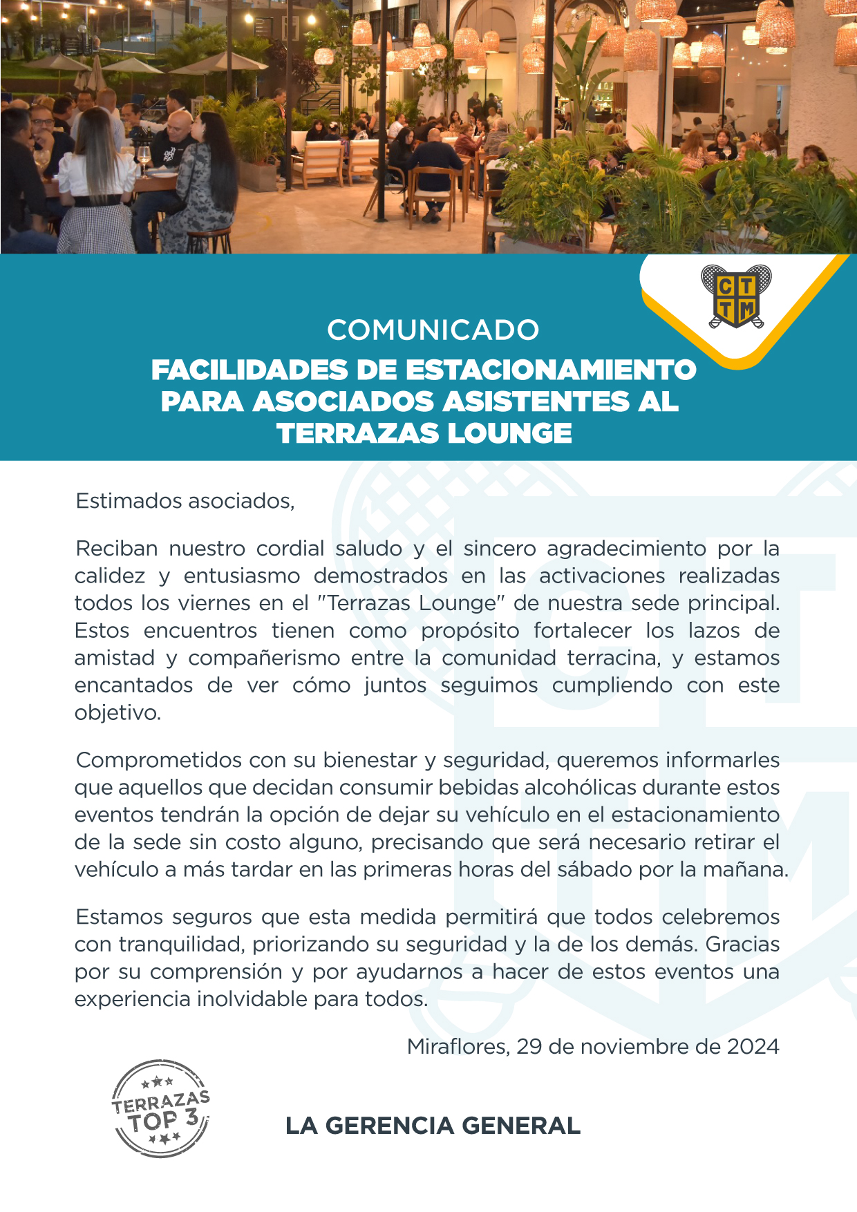 COMUNICADO: FACILIDADES DE ESTACIONAMIENTO PARA ASOCIADOS ASISTENTES AL TERRAZAS LOUNGE 🚗🌅