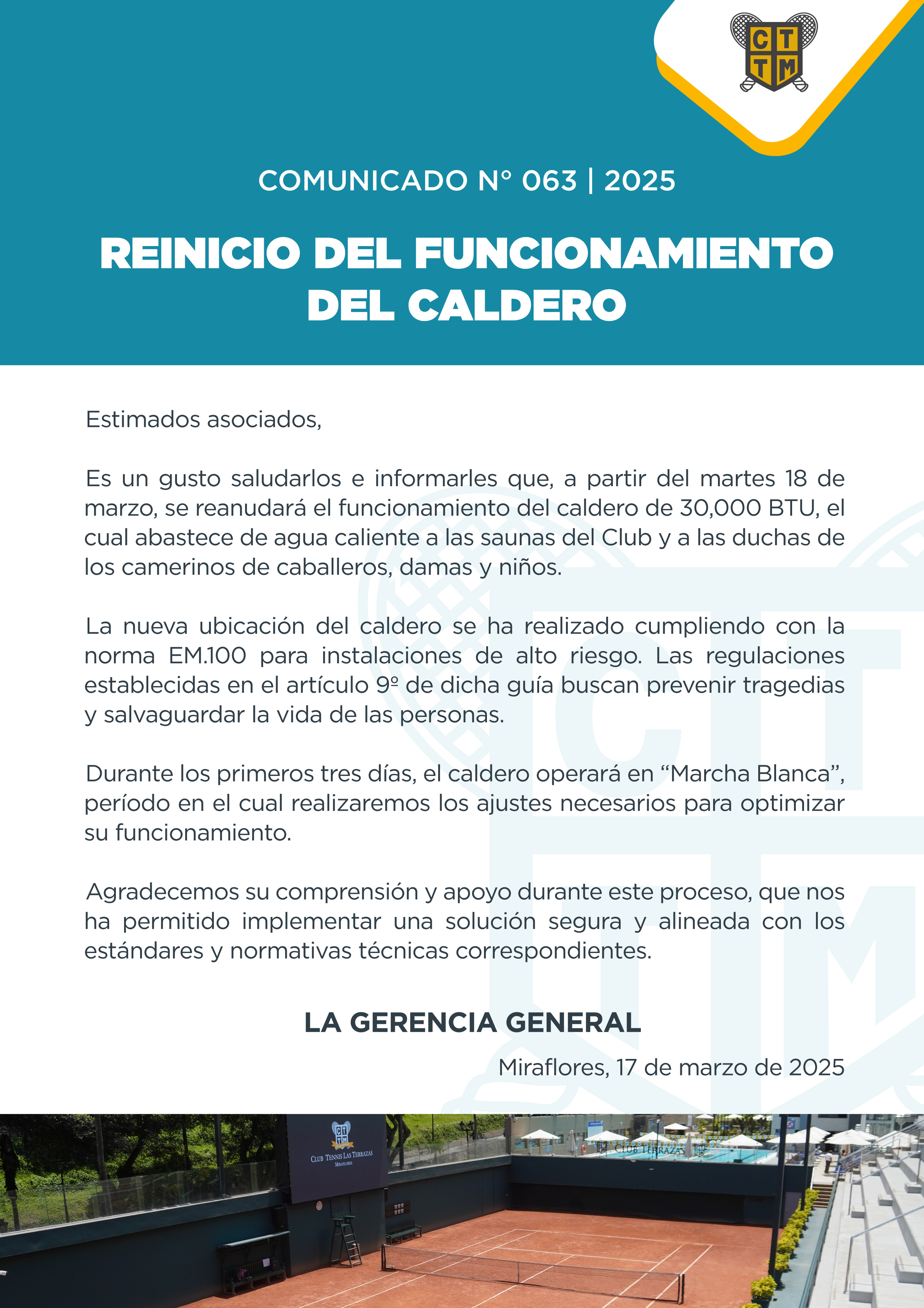📣COMUNICADO N°063 | 2025: REINICIO DEL FUNCIONAMIENTO DEL CALDERO