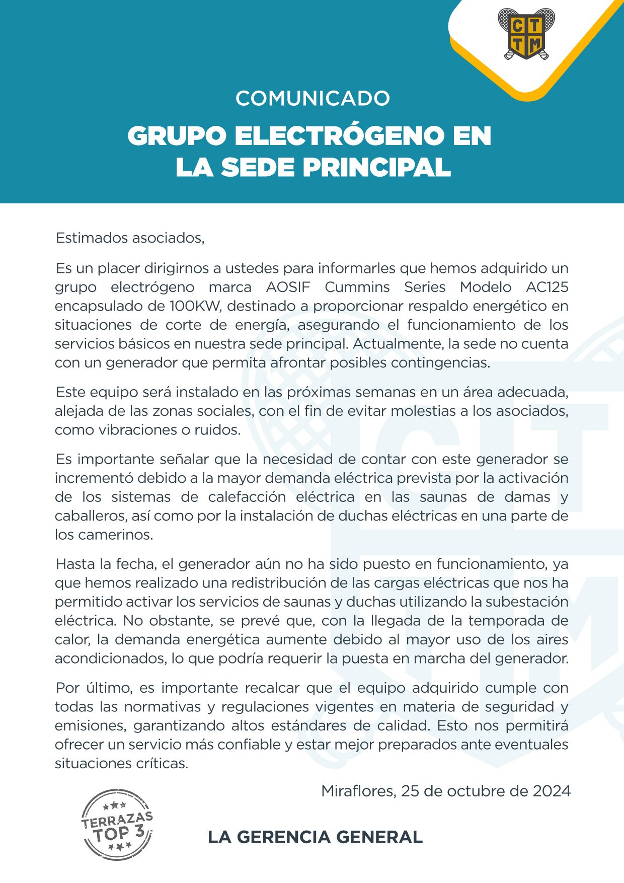 COMUNICADO: GRUPO ELECTRÓGENO EN LA SEDE PRINCIPAL