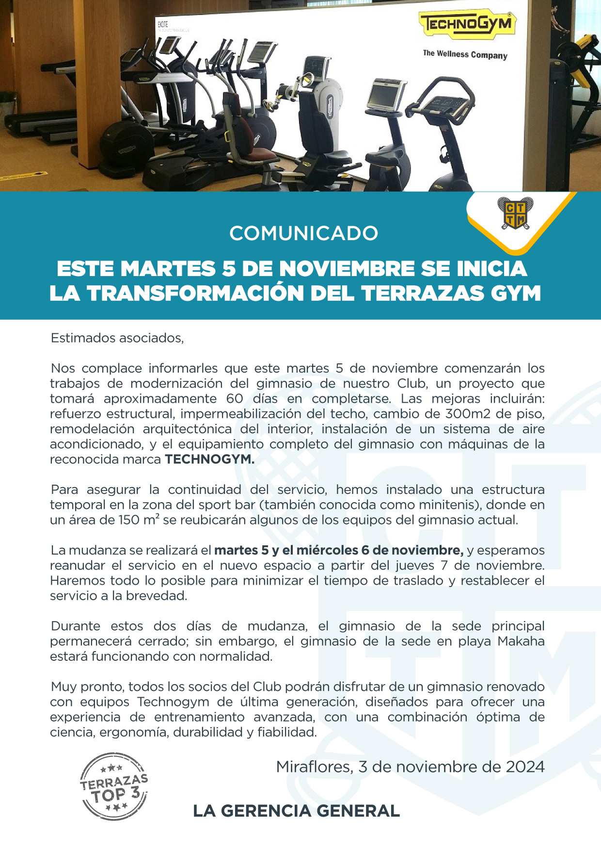 COMUNICADO: ESTE MARTES 5 DE NOVIEMBRE SE INICIA LA TRANSFORMACIÓN DEL TERRAZAS GYM