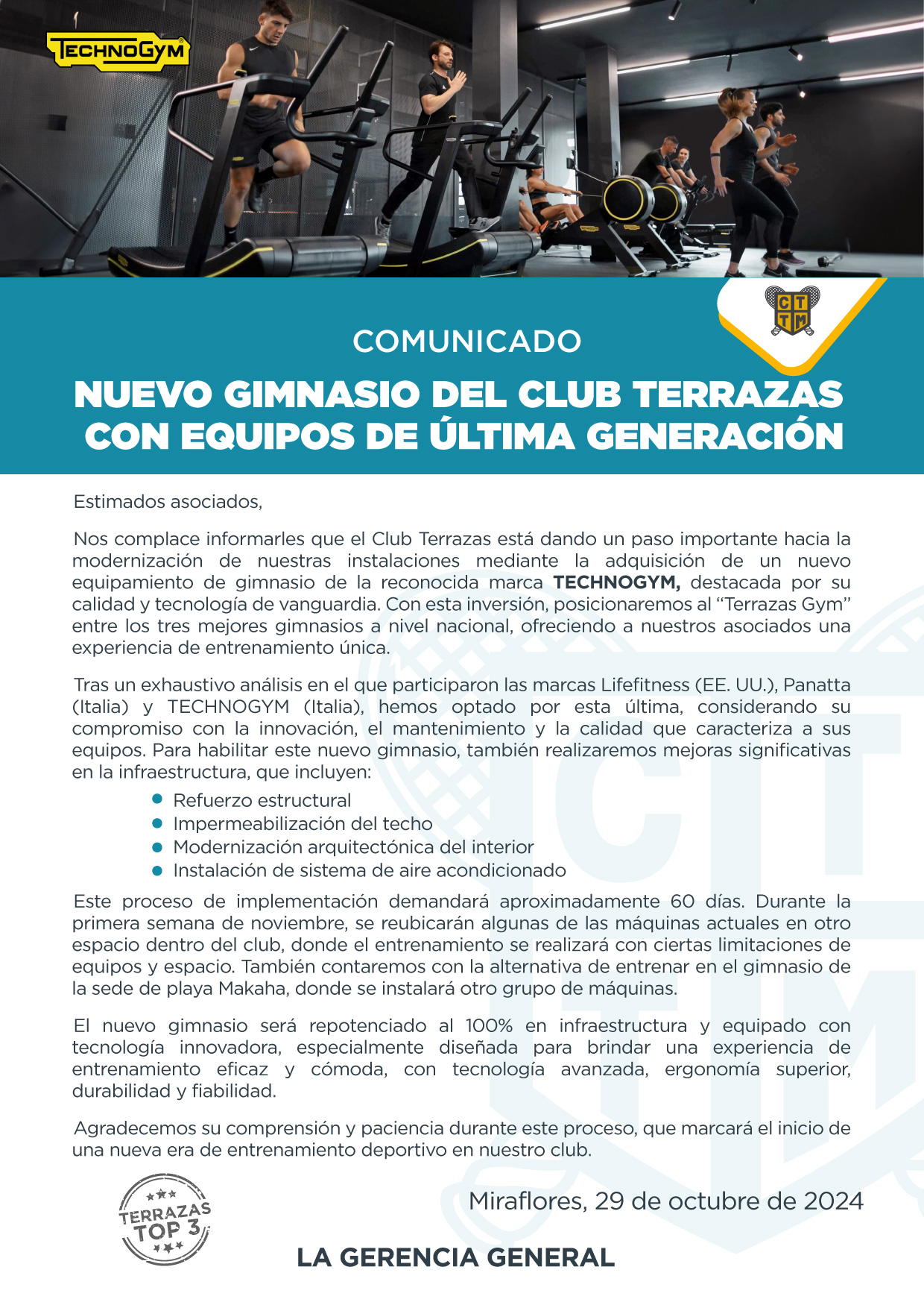 COMUNICADO: NUEVO GIMNASIO DEL CLUB TERRAZAS CON EQUIPOS DE ÚLTIMA GENERACIÓN