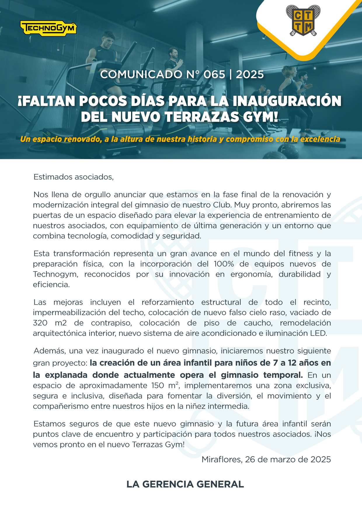 📣COMUNICADO N°065 | 2025: ¡FALTAN POCOS DÍAS PARA LA INAUGURACIÓN DEL NUEVO TERRAZAS GYM!🎉