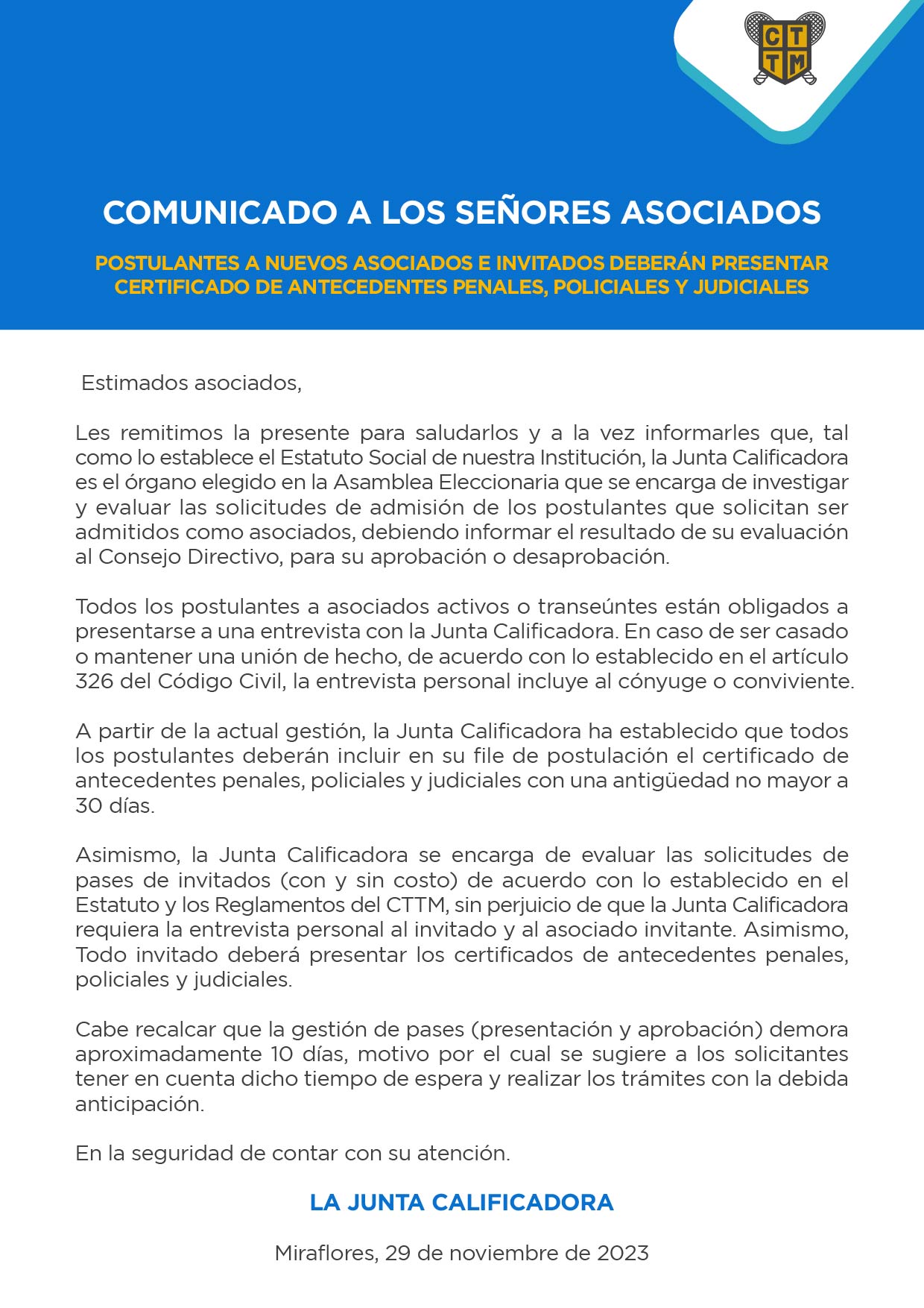 COMUNICADO A LOS SEÑORES ASOCIADOS: POSTULANTES A NUEVOS ASOCIADOS DEBERÁN PRESENTAR CERTIFICADO DE ANTECEDENTES POLICIALES Y PENALES