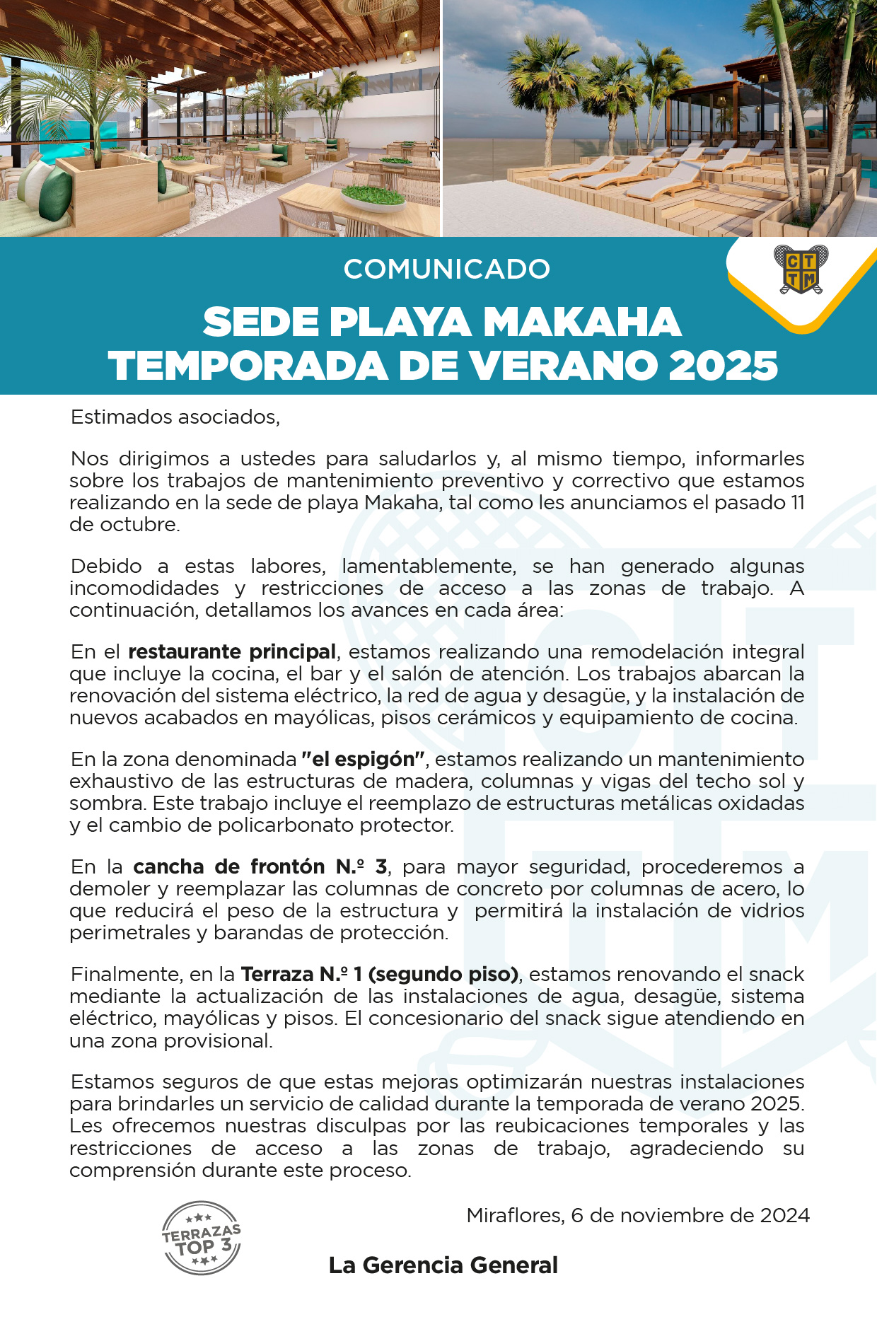 COMUNICADO: SEDE PLAYA MAKAHA TEMPORADA DE VERANO 2025