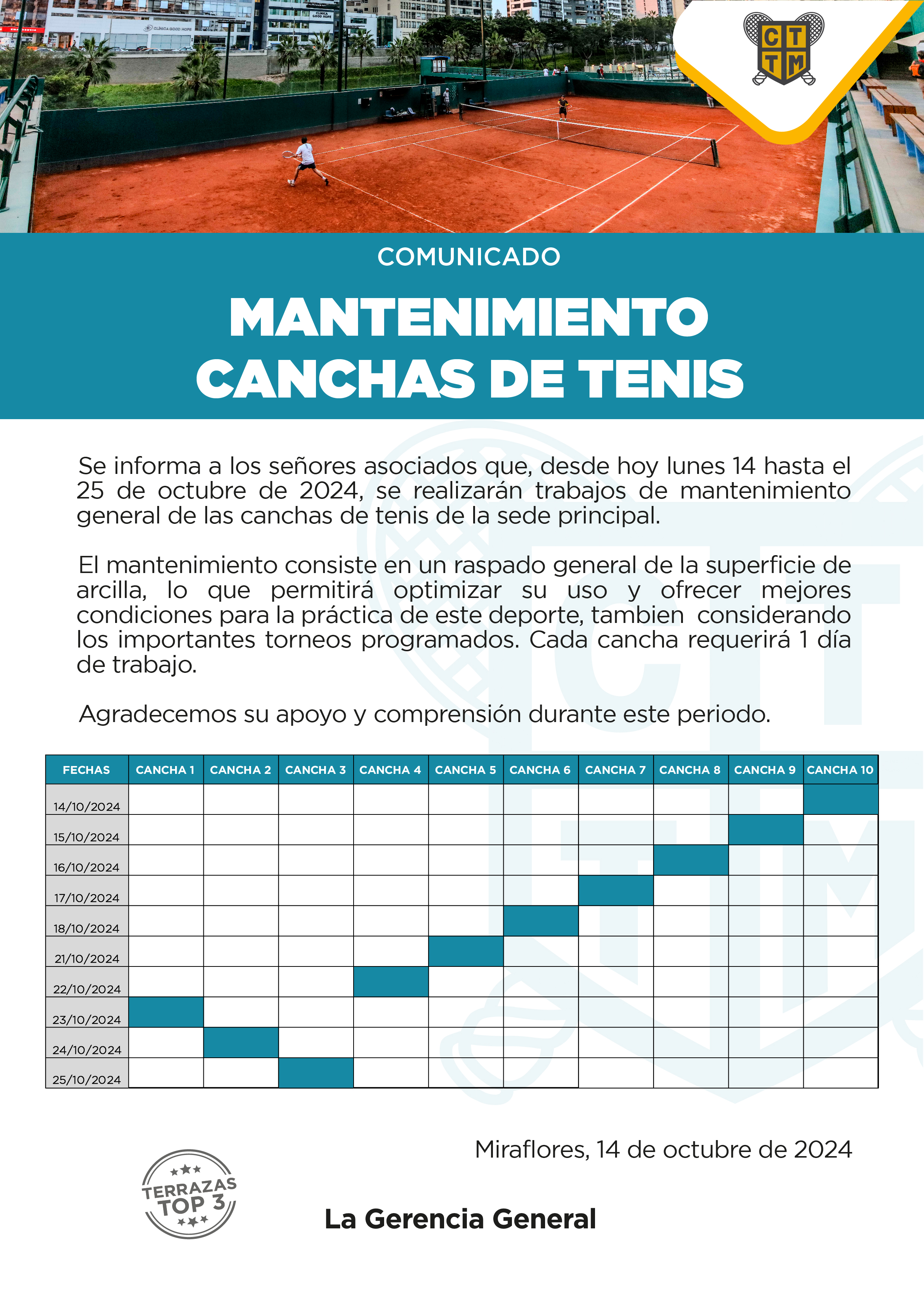 COMUNICADO: MANTENIMIENTO DE LAS CANCHAS DE TENIS 