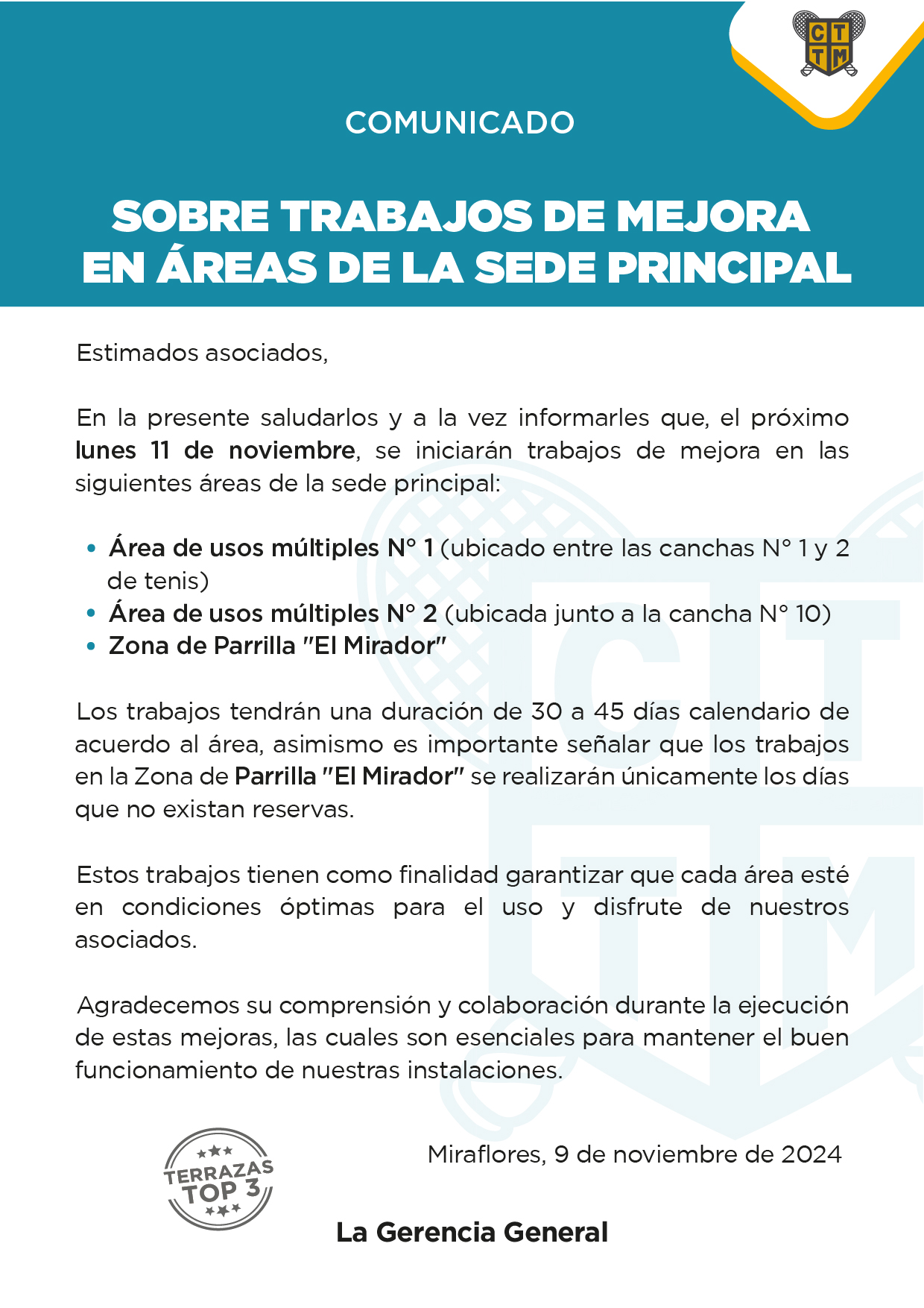 COMUNICADO SOBRE TRABAJOS DE MEJORA EN ÁREAS DE LA SEDE PRINCIPAL