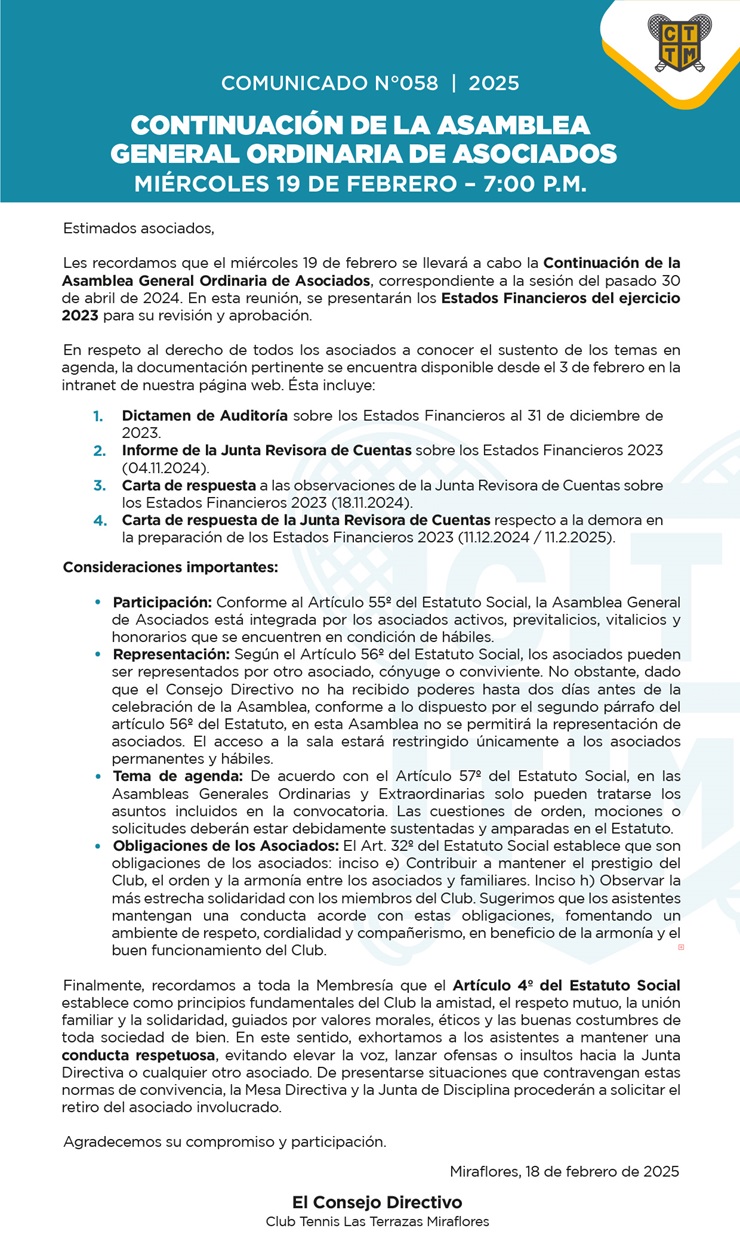 📣COMUNICADO N°058 | 2025: CONTINUACIÓN DE LA ASAMBLEA GENERAL ORDINARIA DE ASOCIADOS